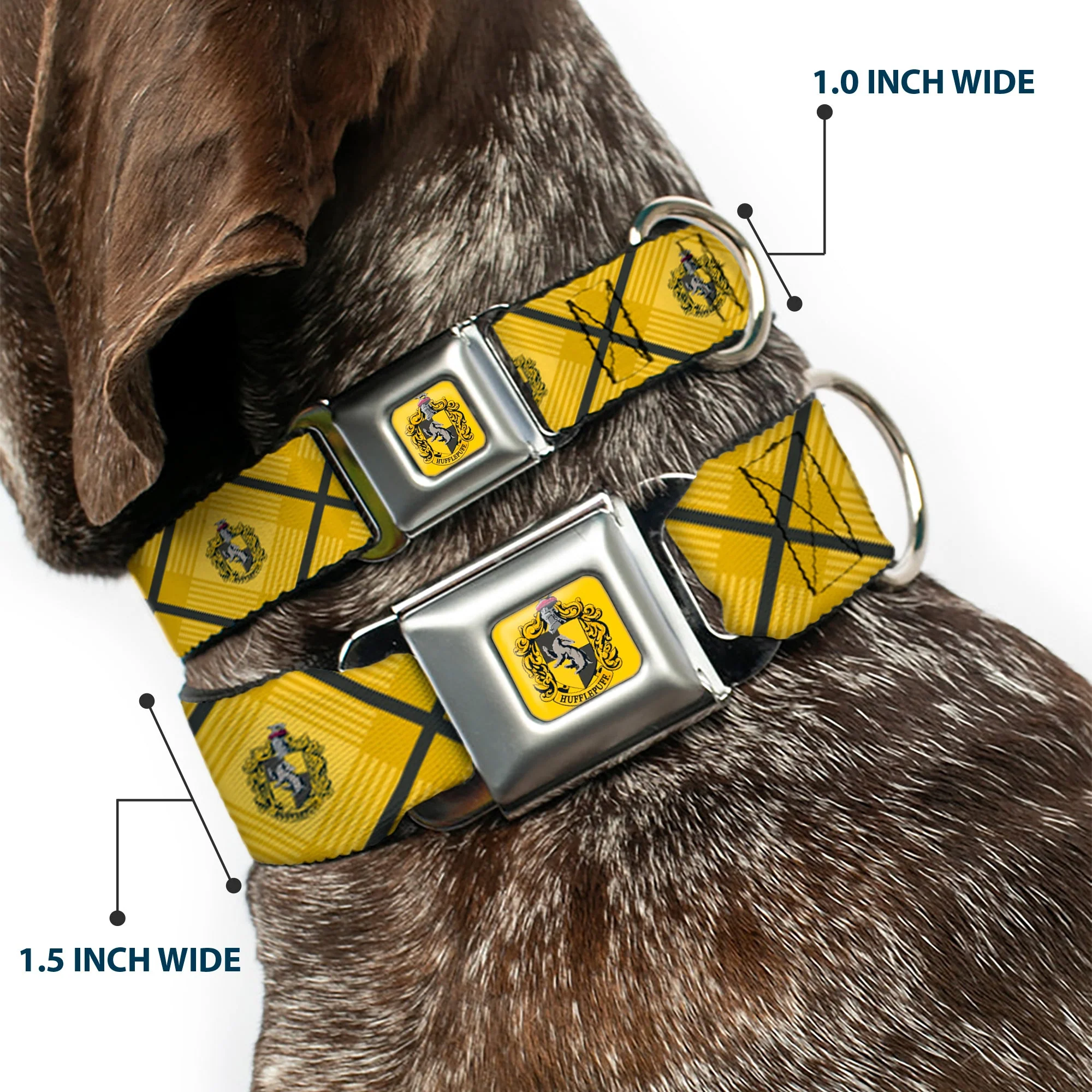 HUFFLEPUFF Crest Full Color Gold Seatbelt Buckle Collar - Harry Potter Hufflepuff Crest Plaid Yellows/Gray - Image 2