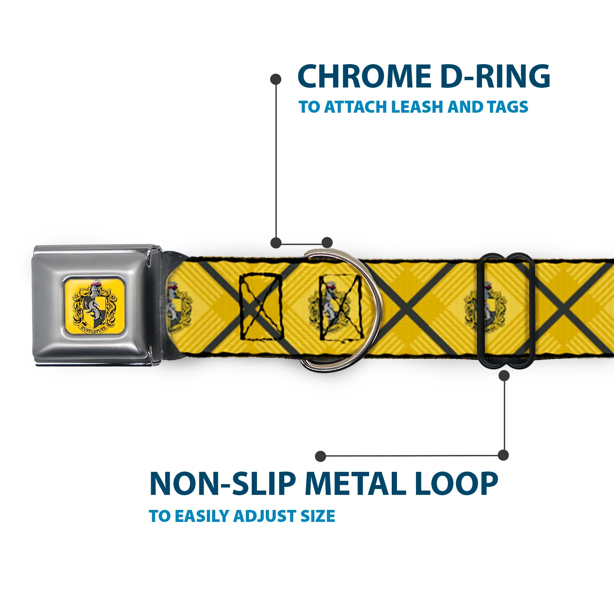 HUFFLEPUFF Crest Full Color Gold Seatbelt Buckle Collar - Harry Potter Hufflepuff Crest Plaid Yellows/Gray - Image 5