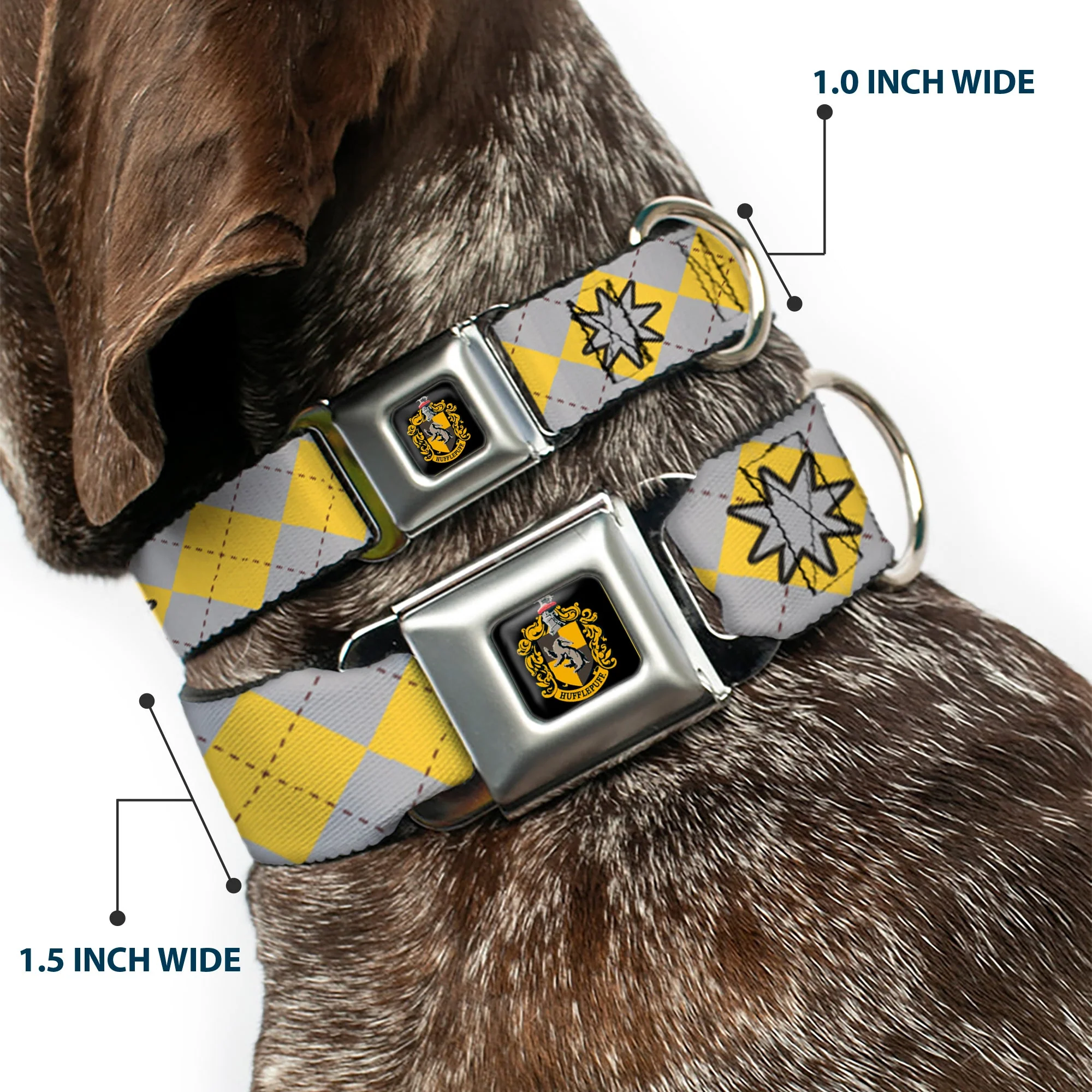 Hufflepuff Crest Full Color Seatbelt Buckle Collar - Harry Potter HUFFLEPUFF/Stars Argyle Plaid Gray/Gold/Browns - Image 2