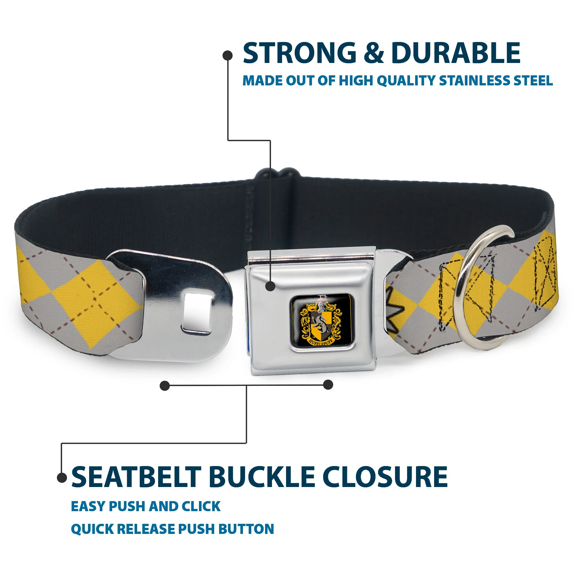 Hufflepuff Crest Full Color Seatbelt Buckle Collar - Harry Potter HUFFLEPUFF/Stars Argyle Plaid Gray/Gold/Browns - Image 4