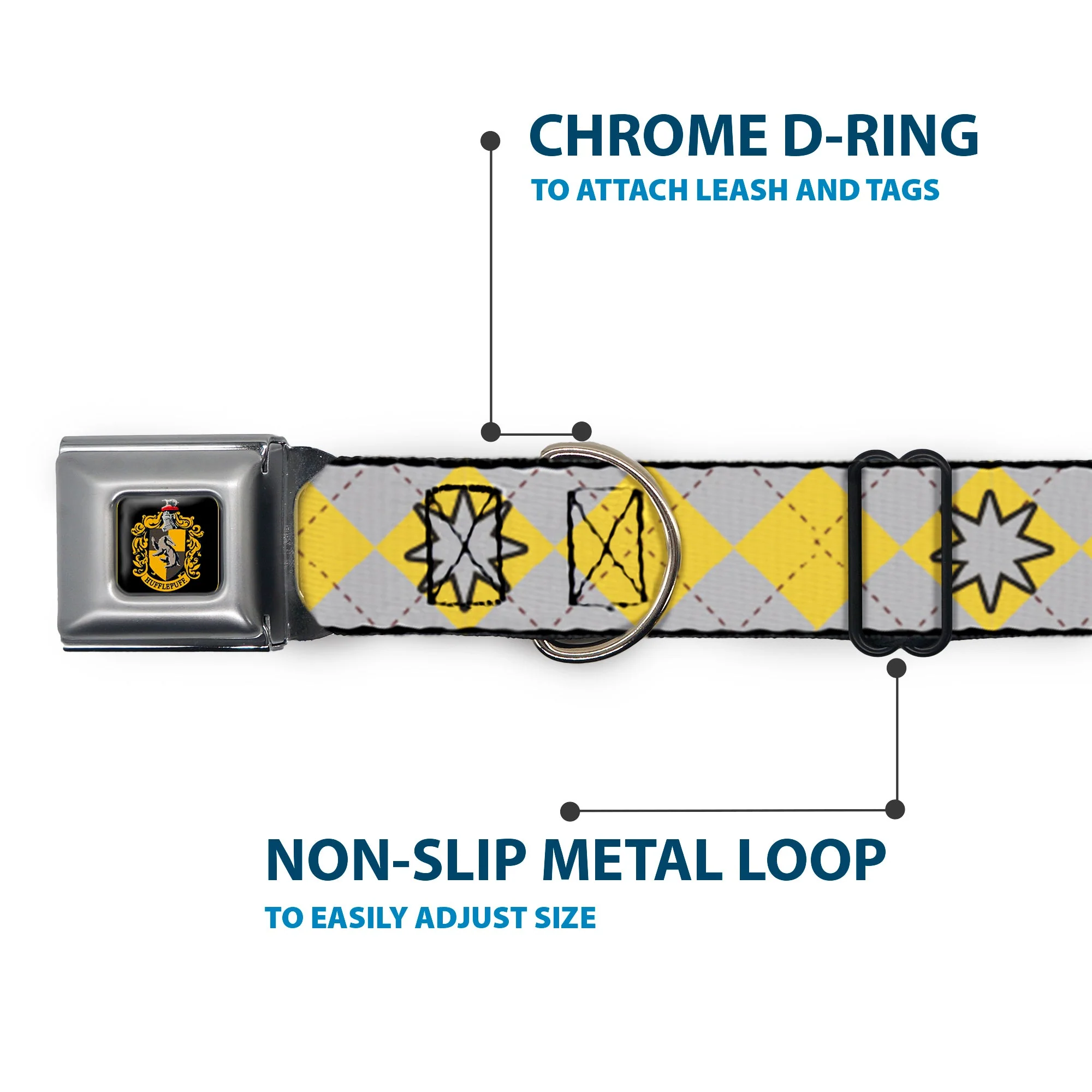 Hufflepuff Crest Full Color Seatbelt Buckle Collar - Harry Potter HUFFLEPUFF/Stars Argyle Plaid Gray/Gold/Browns - Image 5