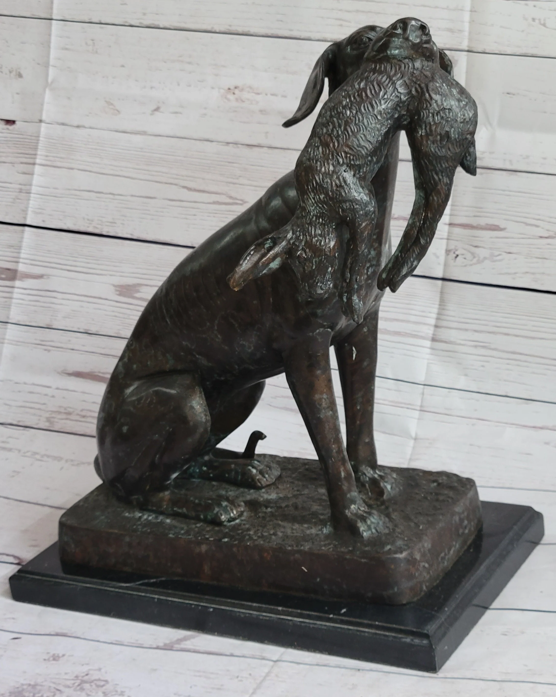 Hunting Dog Retriever w/ Rabbit in Mouth Bronze Statue Sculpture Figure 16" x 16" - Image 2
