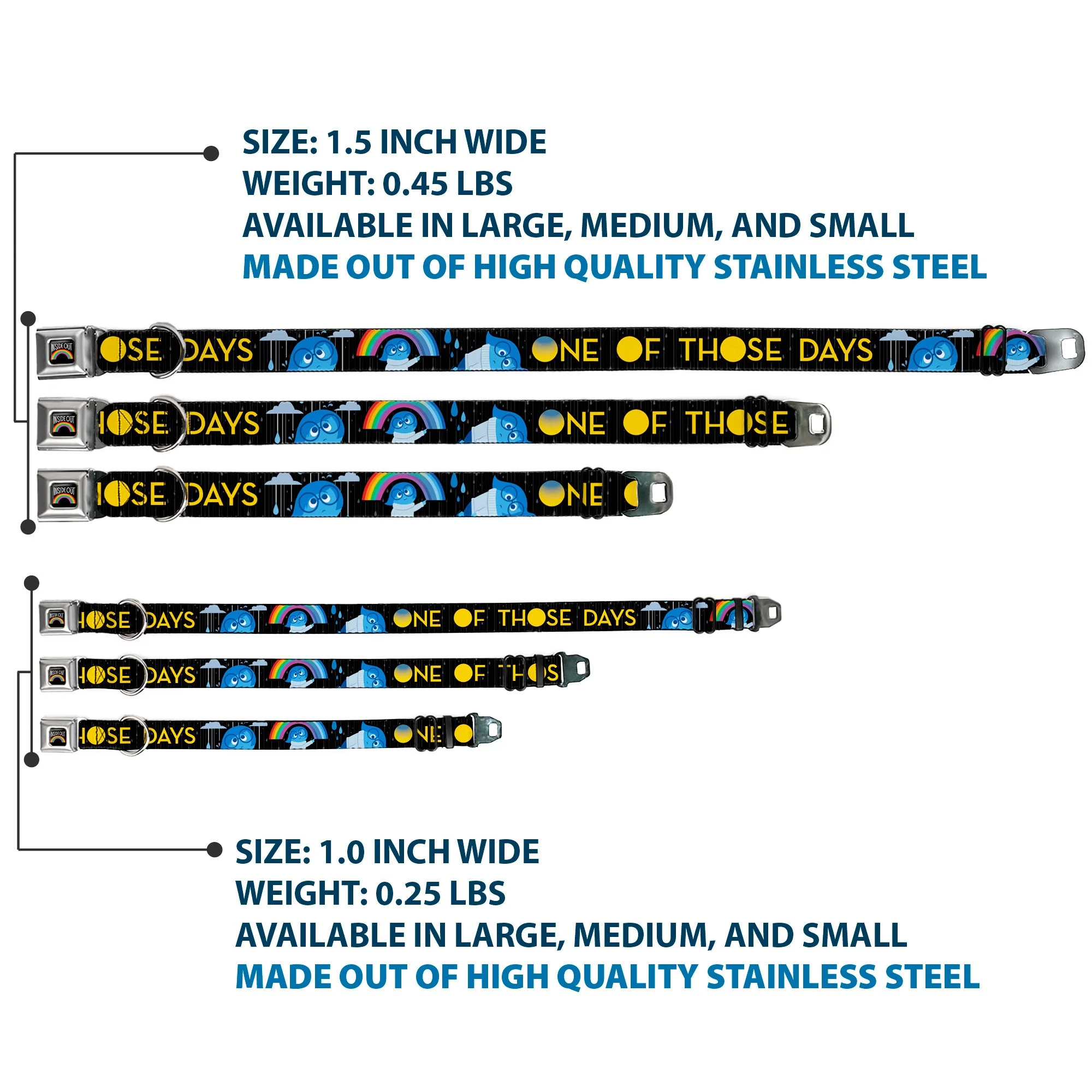 INSIDE OUT Rainbow Full Color Black/White/Multi Color Seatbelt Buckle Collar - Joy Poses/Rain ONE OF THOSE DAYS Black/Gray/Blues/Yellow - Image 3