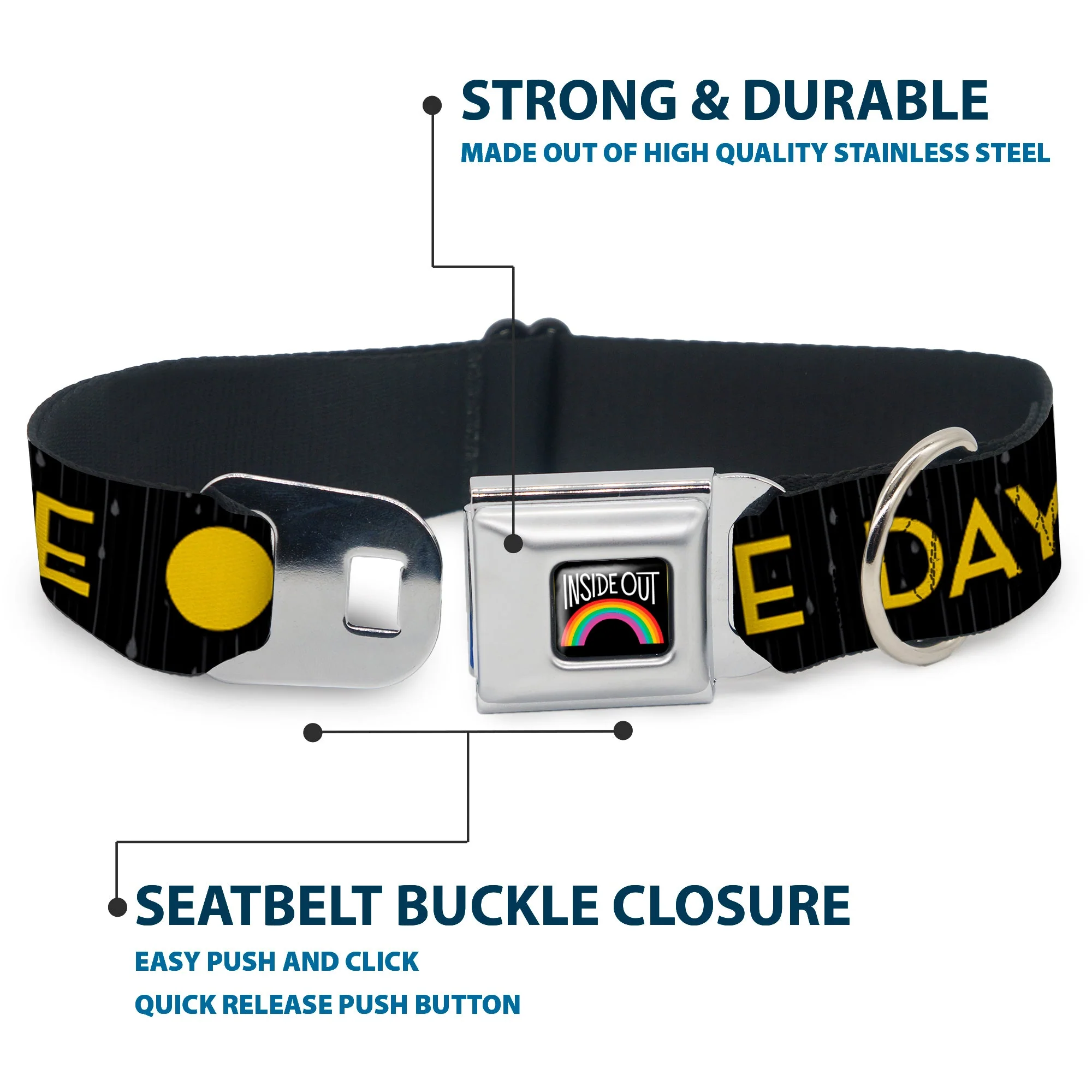 INSIDE OUT Rainbow Full Color Black/White/Multi Color Seatbelt Buckle Collar - Joy Poses/Rain ONE OF THOSE DAYS Black/Gray/Blues/Yellow - Image 4