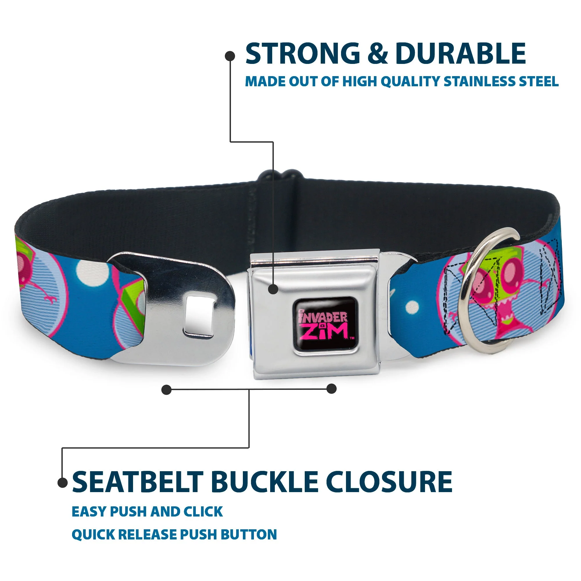 INVADER ZIM Title Logo Full Color Pink/Green Seatbelt Buckle Collar - Invader Zim and GIR Poses and Planets Blue/White - Image 4