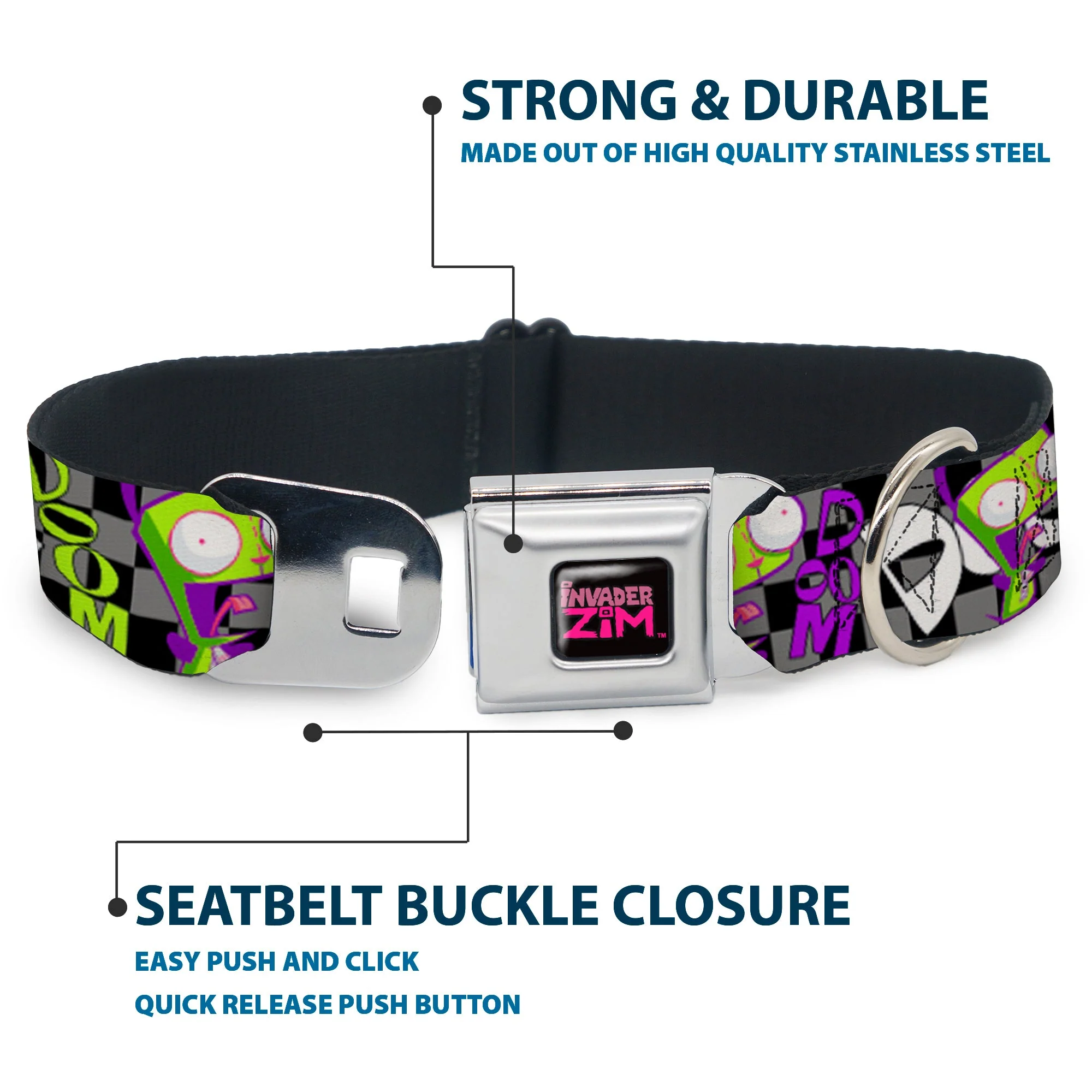 INVADER ZIM Title Logo Full Color Pink/Green Seatbelt Buckle Collar - Invader Zim GIR DOOM Pose Checker Black/Gray - Image 4