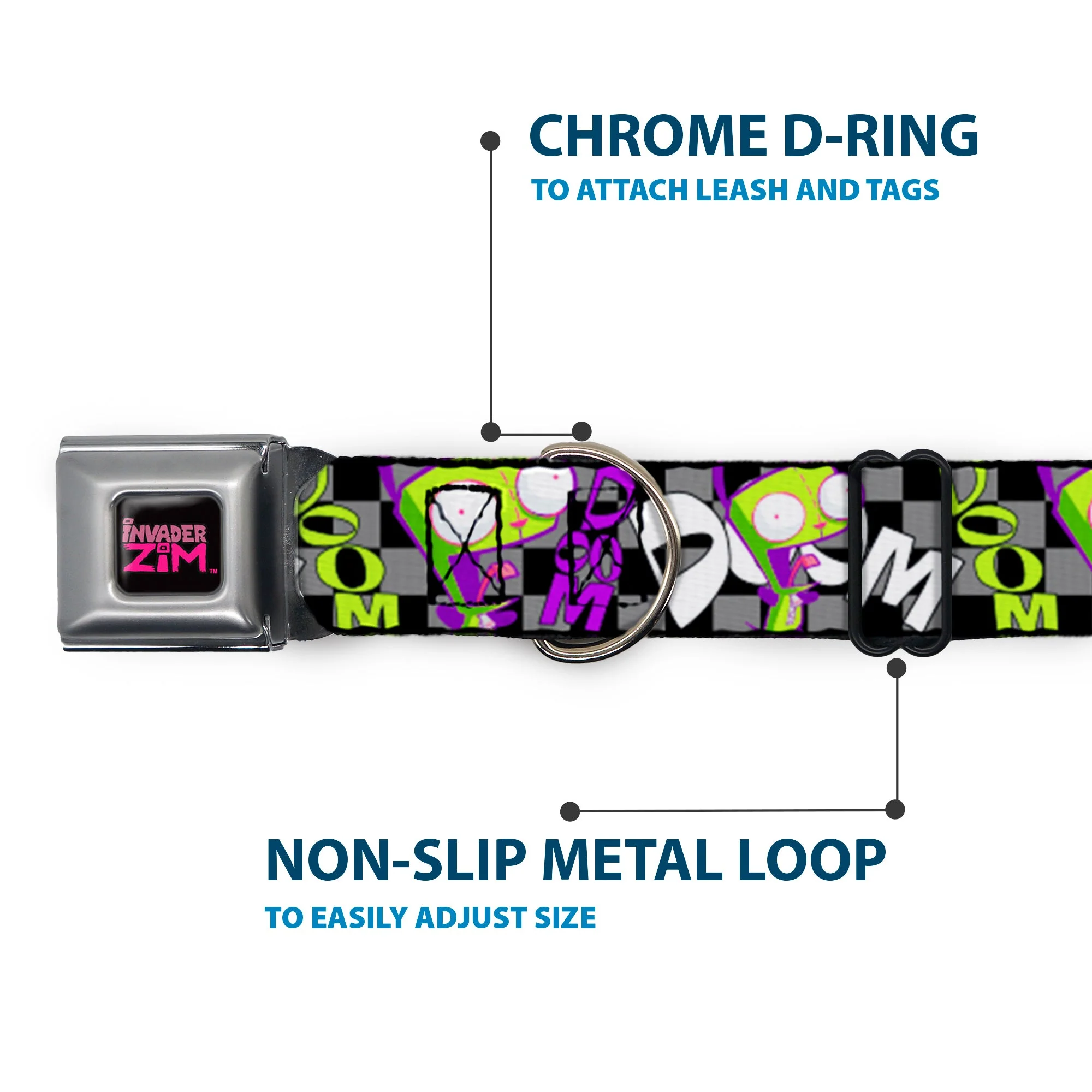 INVADER ZIM Title Logo Full Color Pink/Green Seatbelt Buckle Collar - Invader Zim GIR DOOM Pose Checker Black/Gray - Image 5