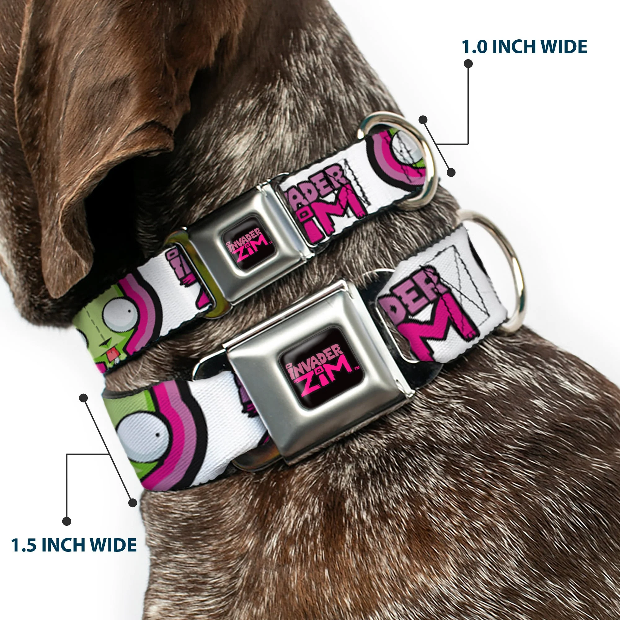 INVADER ZIM Title Logo Full Color Pink/Green Seatbelt Buckle Collar - INVADER ZIM Title Logo and GIR Pose Close-Up White/Pinks - Image 2