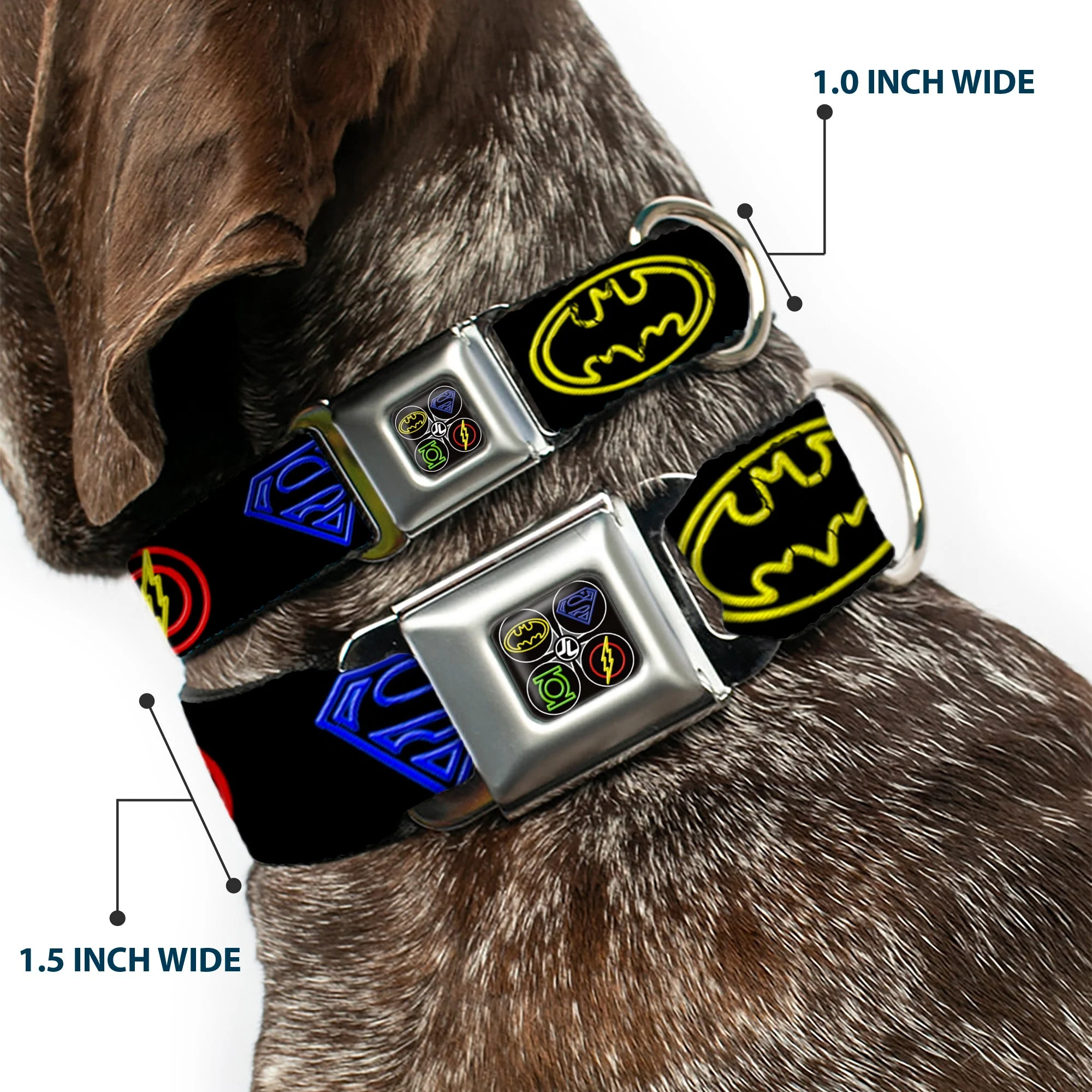 JL Electric Logos Full Color Black/Multi Neon Seatbelt Buckle Collar - Justice League Electric Logos Black/Multi Neon - Image 2