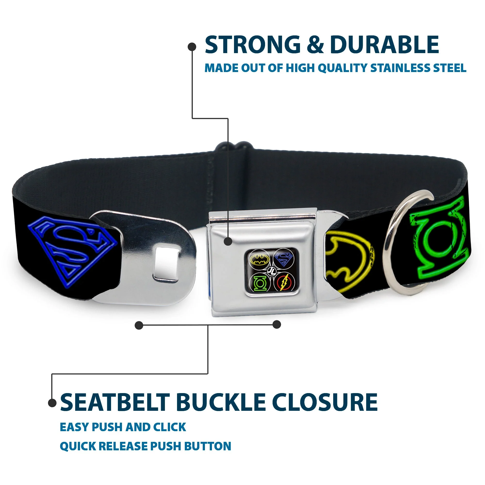 JL Electric Logos Full Color Black/Multi Neon Seatbelt Buckle Collar - Justice League Electric Logos Black/Multi Neon - Image 4