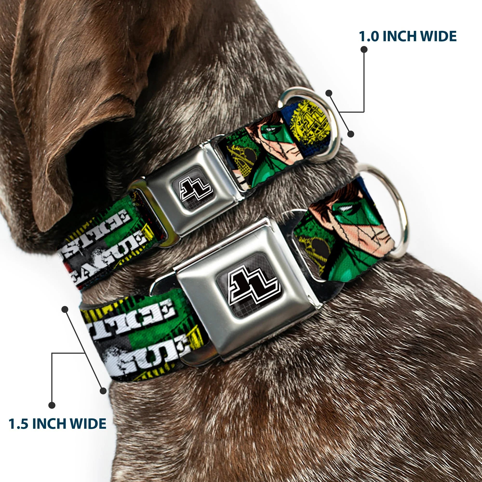 JL Logo Full Color Grays Black White Seatbelt Buckle Collar - JUSTICE LEAGUE Logo/4-Superhero Panels Pop Art - Image 2