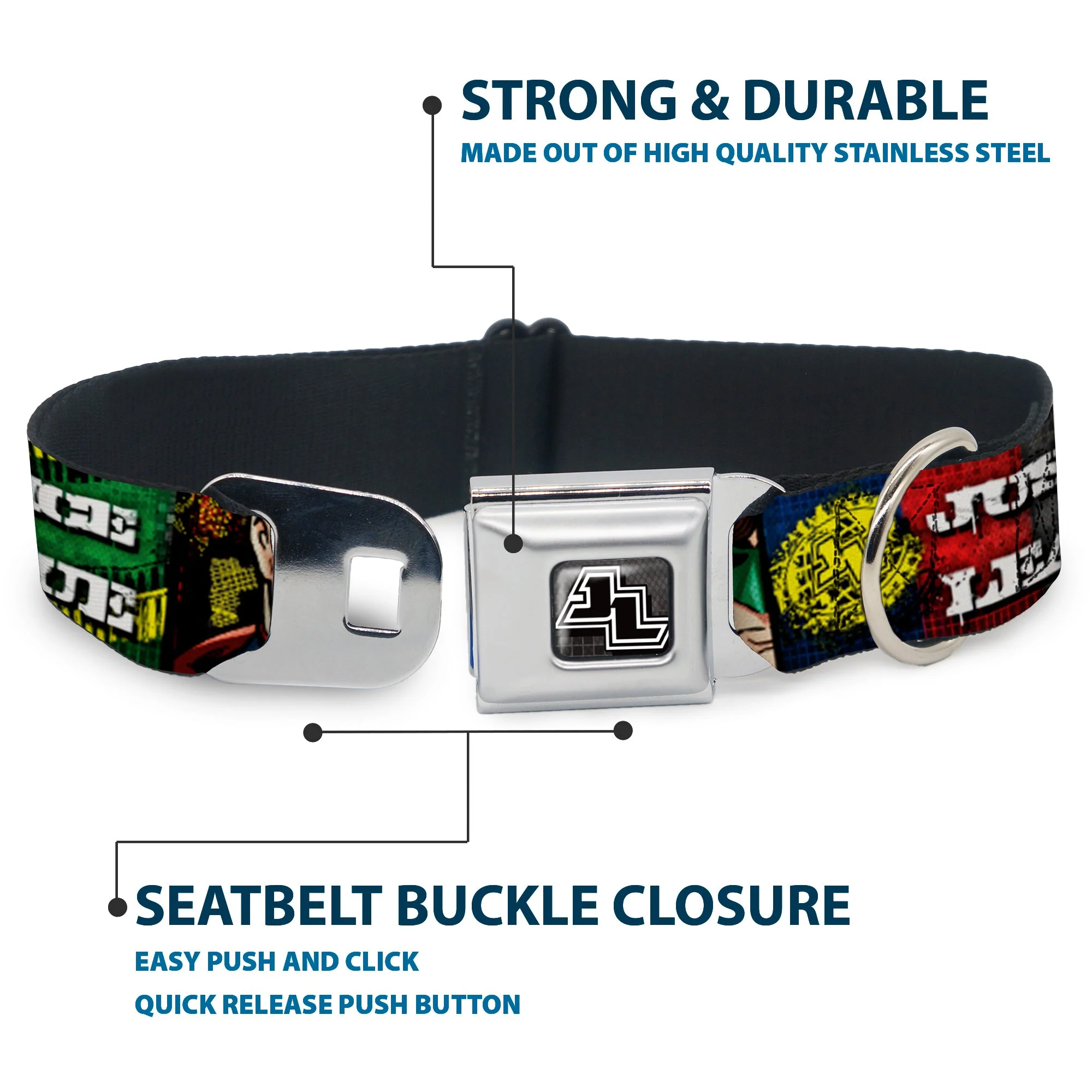 JL Logo Full Color Grays Black White Seatbelt Buckle Collar - JUSTICE LEAGUE Logo/4-Superhero Panels Pop Art - Image 4