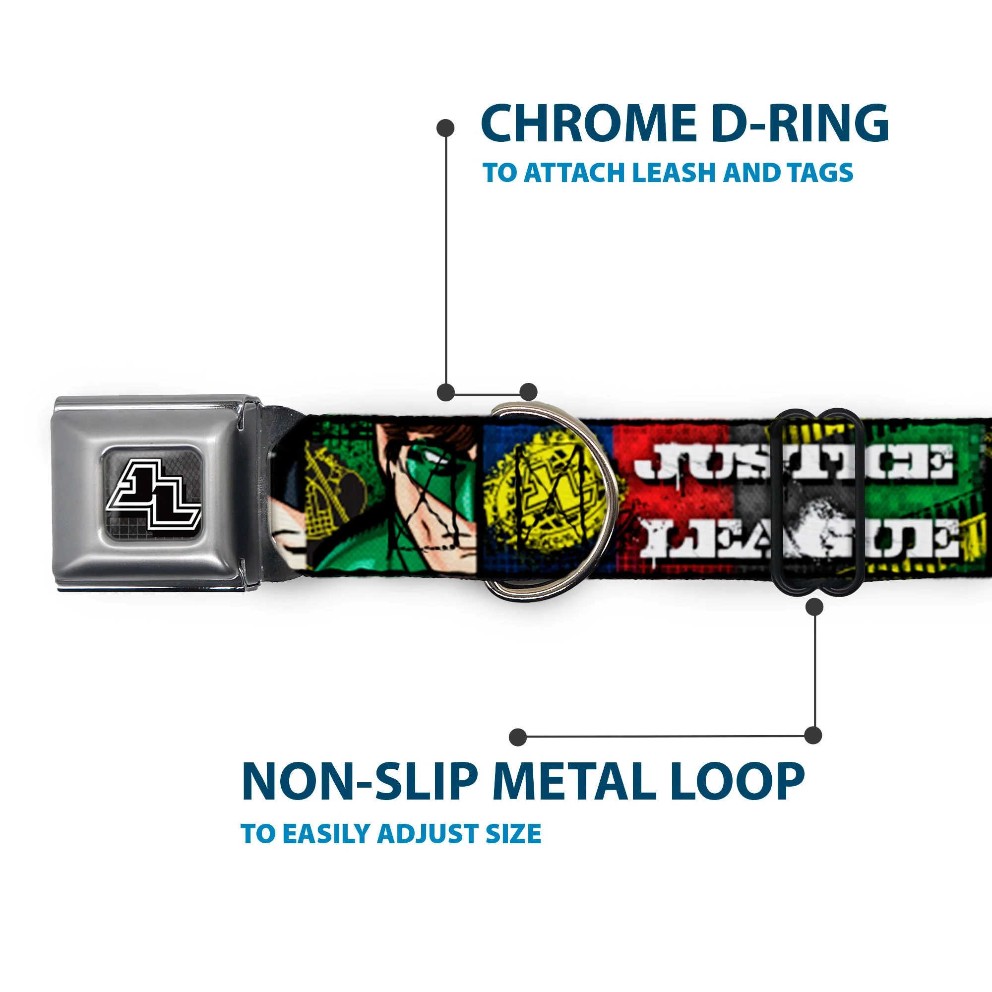 JL Logo Full Color Grays Black White Seatbelt Buckle Collar - JUSTICE LEAGUE Logo/4-Superhero Panels Pop Art - Image 5