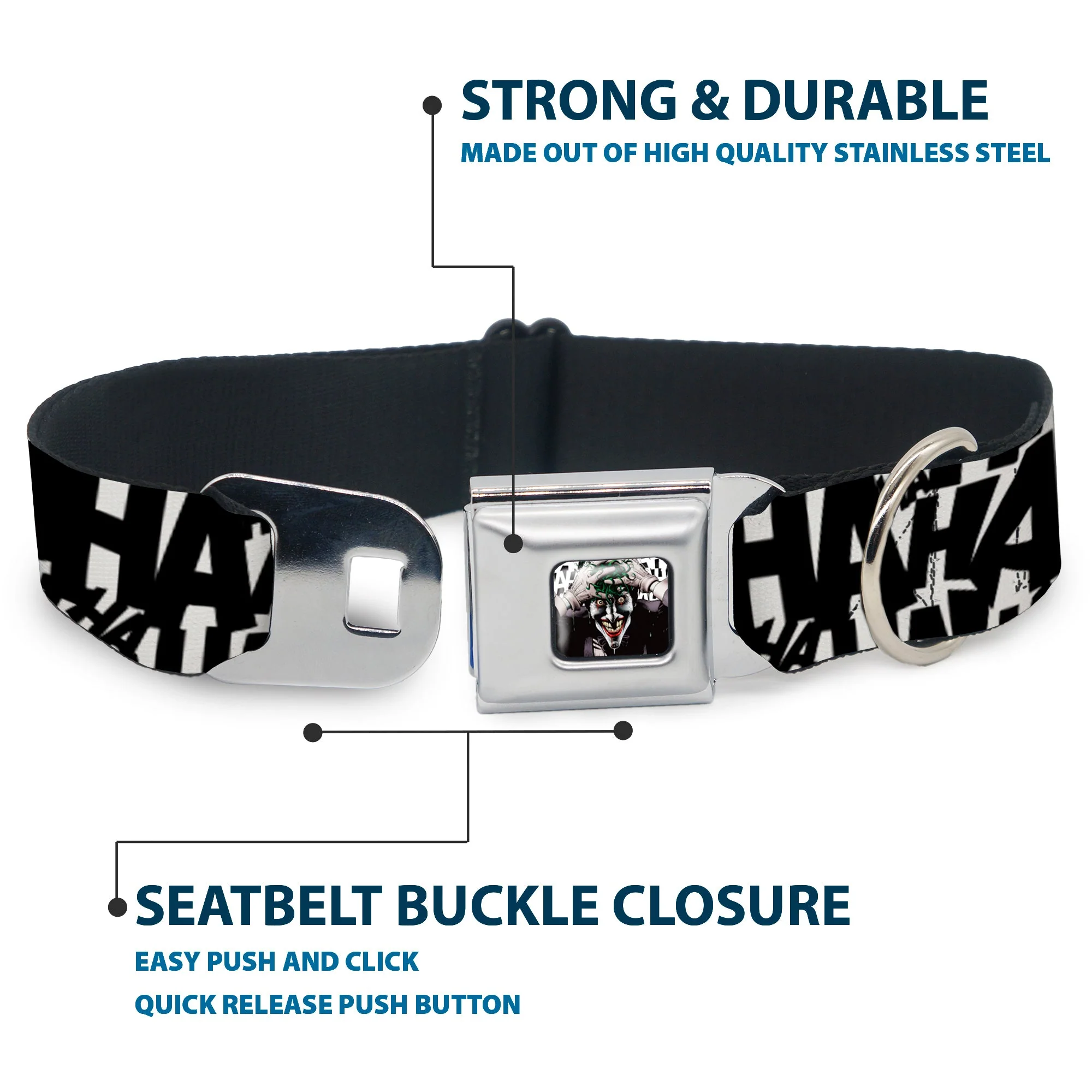 Joker The Killing Joke Holding Head Pose CLOSE-UP Full Color Seatbelt Buckle Collar - Joker's HA HA HA Repeat White/Black - Image 4