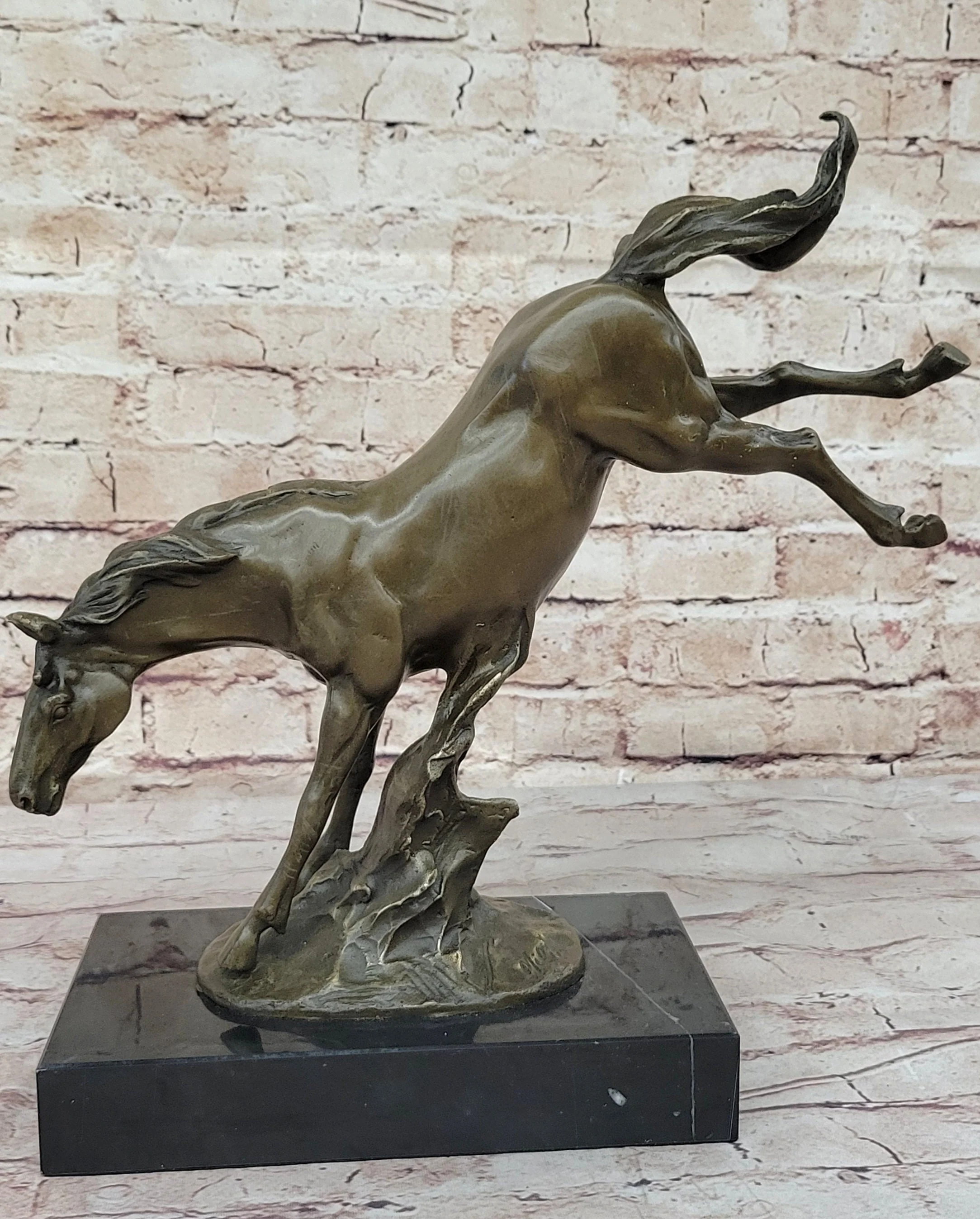 Jumping Wild Horse Mustang Stallion Bronze Sculpture Statue on Marble Base - Image 3