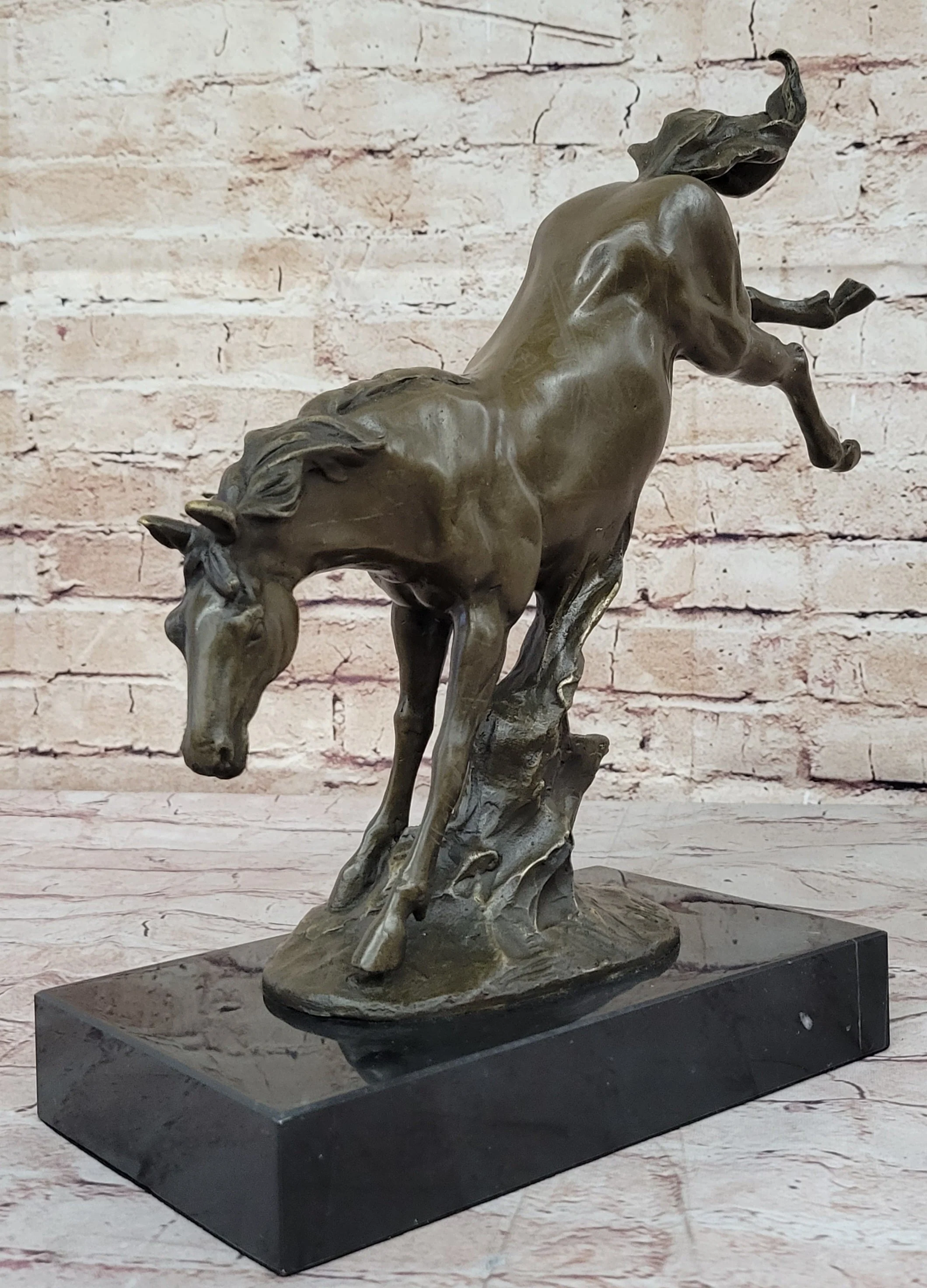 Jumping Wild Horse Mustang Stallion Bronze Sculpture Statue on Marble Base - Image 4