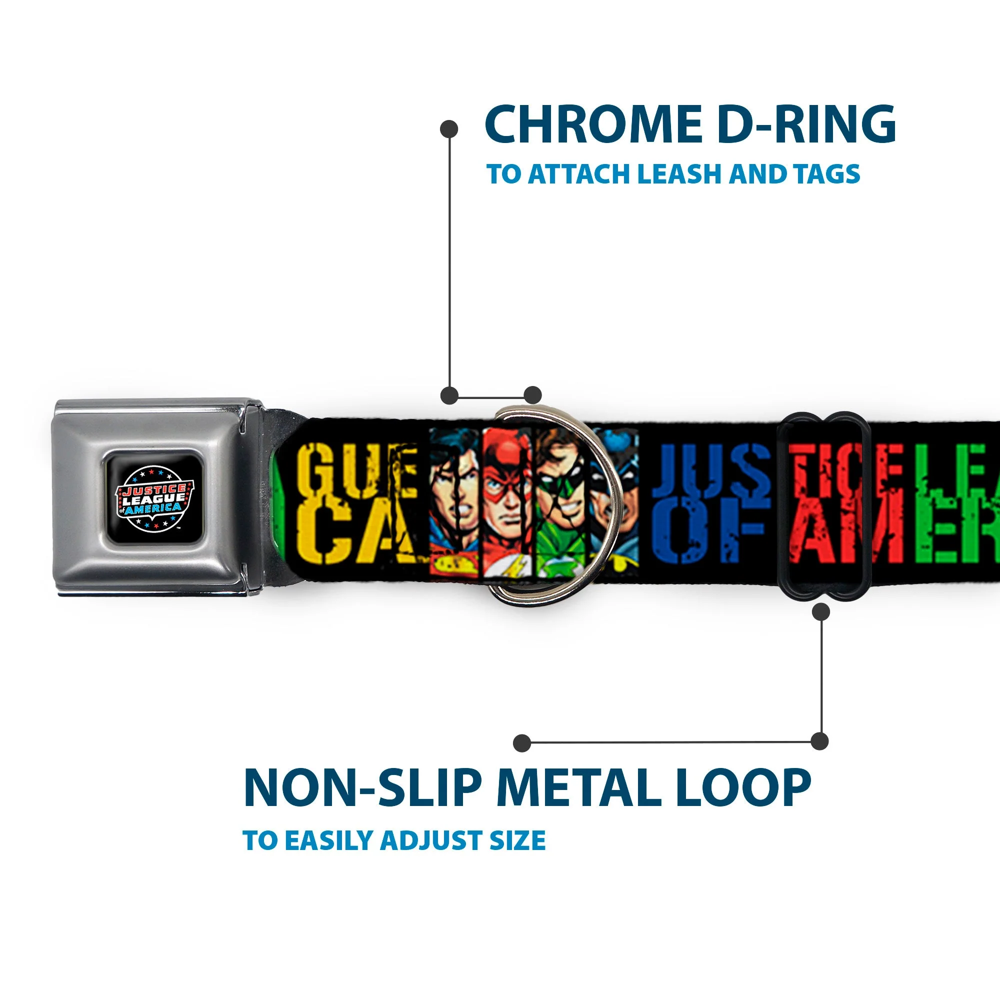 JUSTICE LEAGUE OF AMERICA Badge Black/White/Red/Blue Seatbelt Buckle Collar - JUSTICE LEAGUE OF AMERICA w/Superhero Blocks Black/Multi Color - Image 5