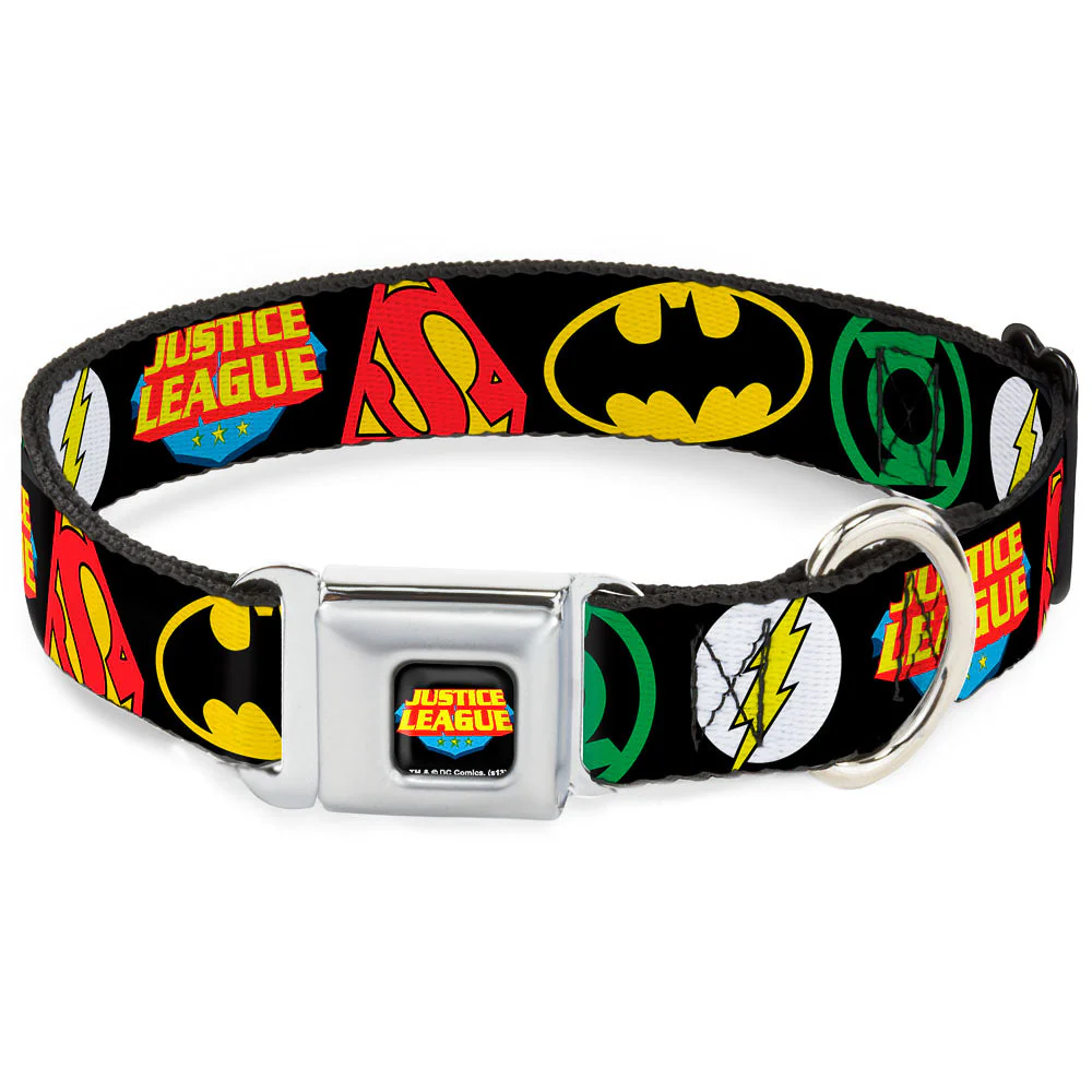 Justice League Shield Full Color Black Blue Red Yellow Seatbelt Buckle Collar - Justice League Superhero Logos CLOSE-UP Black
