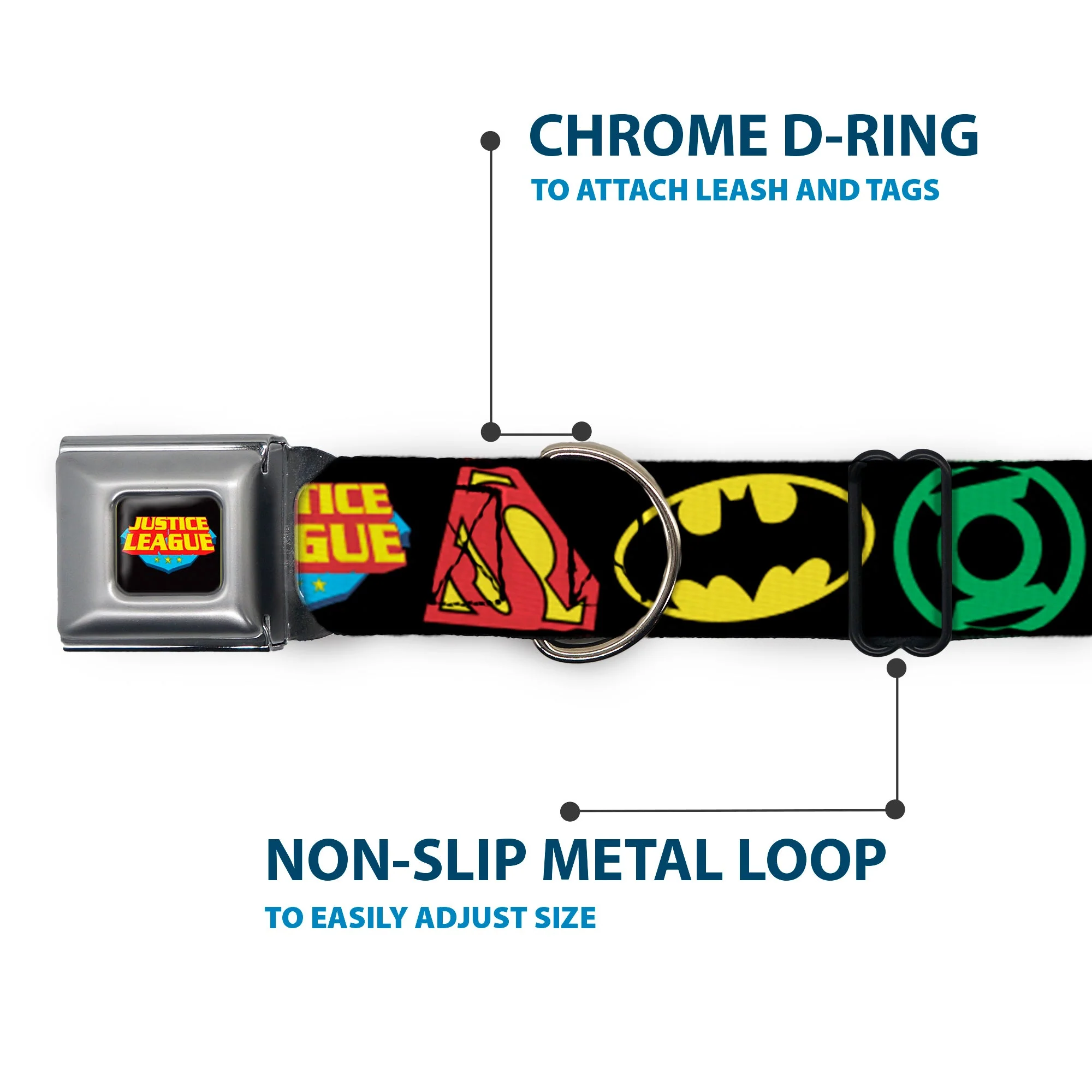 Justice League Shield Full Color Black Blue Red Yellow Seatbelt Buckle Collar - Justice League Superhero Logos CLOSE-UP Black - Image 5