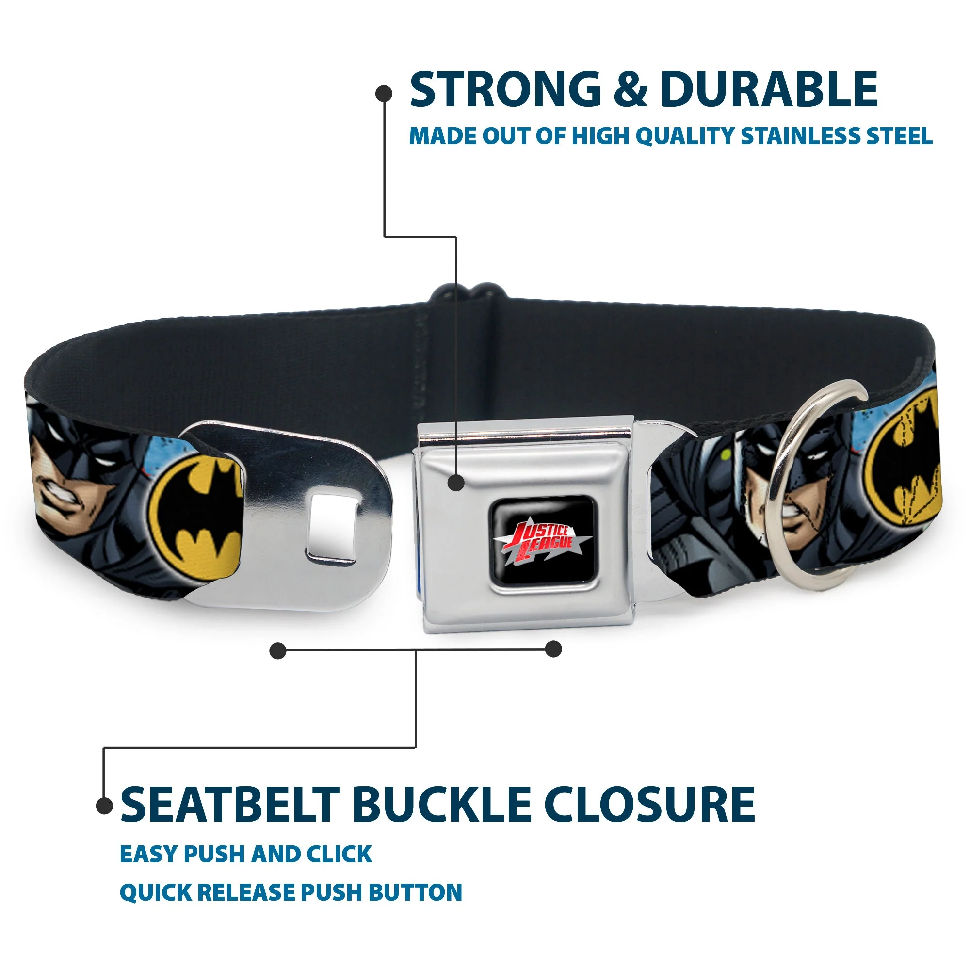JUSTICE LEAGUE Star Logo Black/Silver-Fade/Red Seatbelt Buckle Collar - Justice League 4-Superhero CLOSE-UP Poses/Logos - Image 4