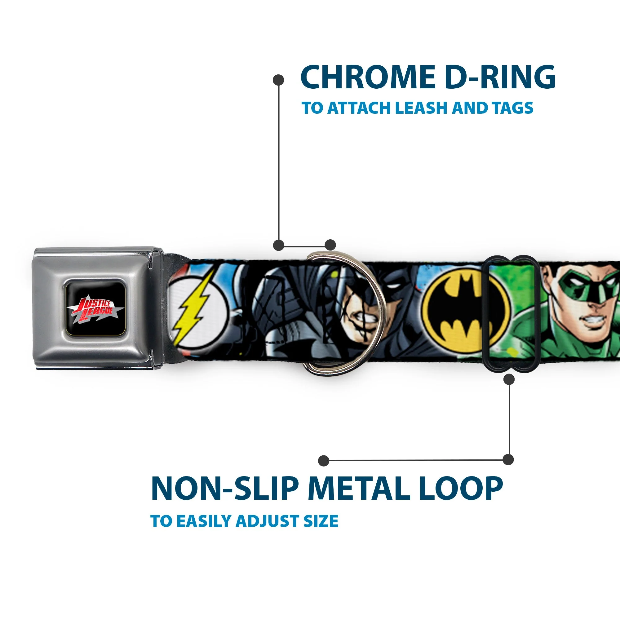 JUSTICE LEAGUE Star Logo Black/Silver-Fade/Red Seatbelt Buckle Collar - Justice League 4-Superhero CLOSE-UP Poses/Logos - Image 5
