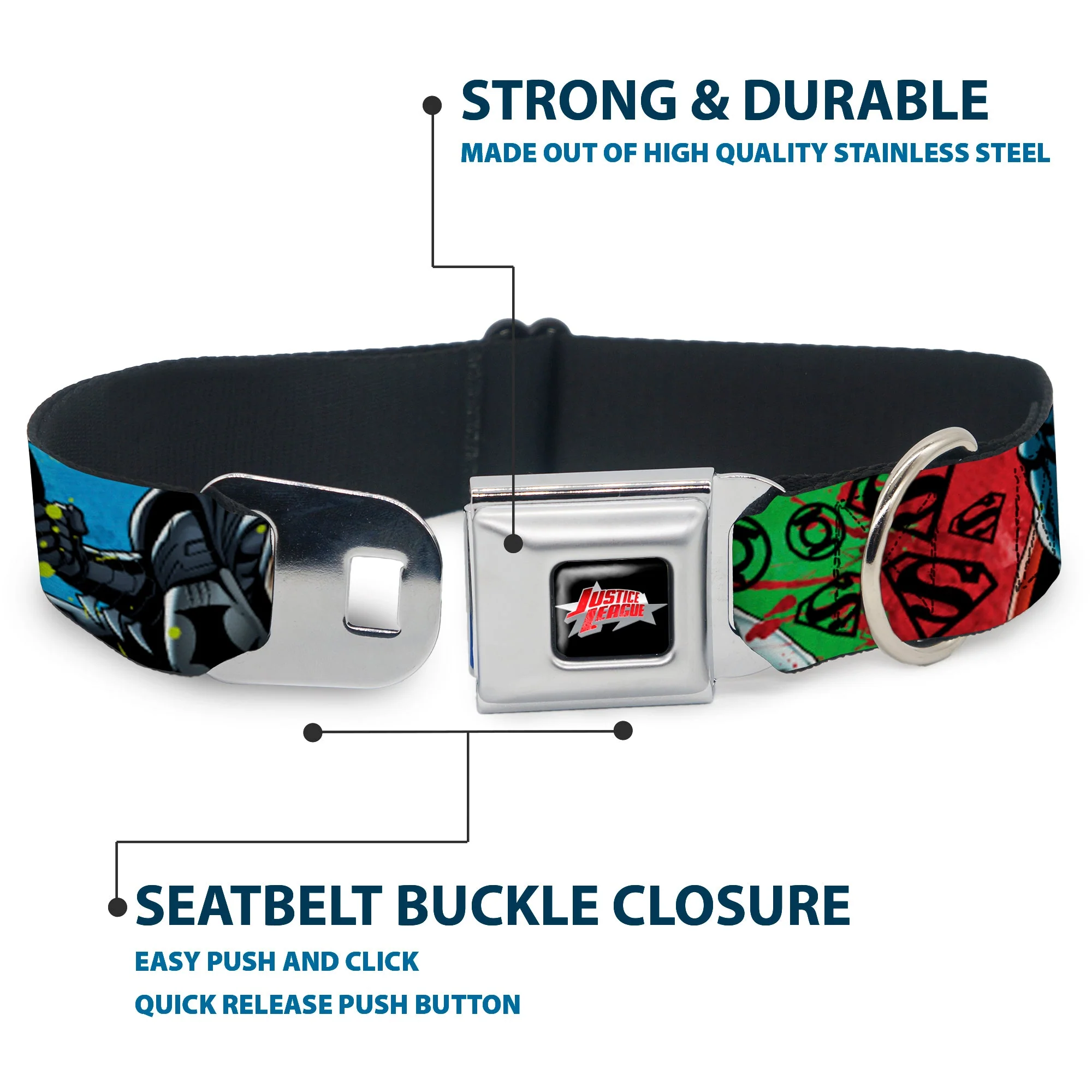 JUSTICE LEAGUE Star Logo Black/Silver-Fade/Red Seatbelt Buckle Collar - Justice League New 52 4-Superhero Poses/Scattered Logos Multi Color/Black - Image 4