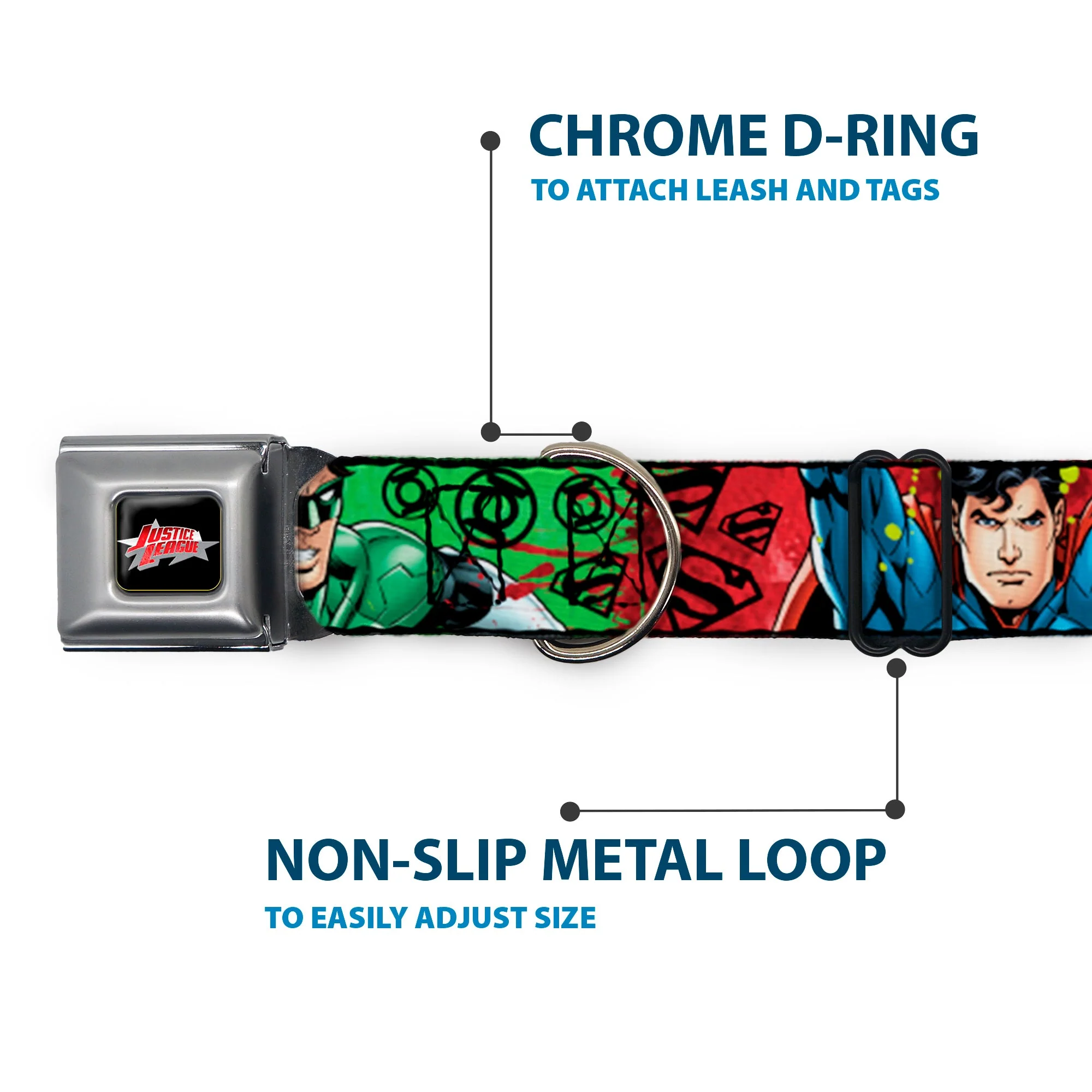 JUSTICE LEAGUE Star Logo Black/Silver-Fade/Red Seatbelt Buckle Collar - Justice League New 52 4-Superhero Poses/Scattered Logos Multi Color/Black - Image 5