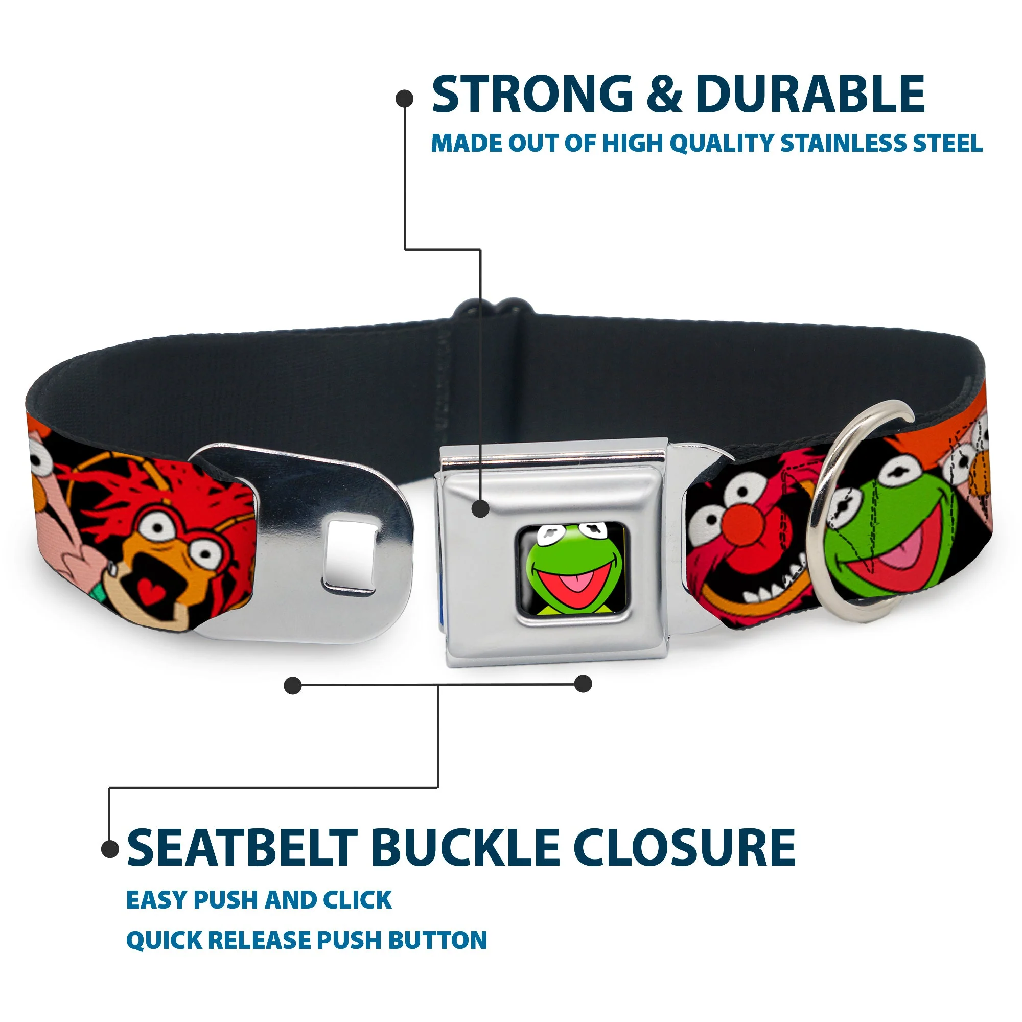 Kermit Face Full Color Black Seatbelt Buckle Collar - Muppets Faces Black - Image 4
