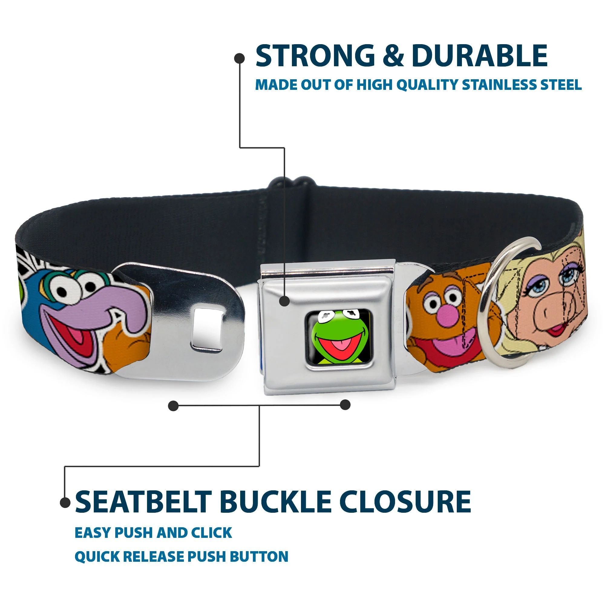 Kermit Face Full Color Black Seatbelt Buckle Collar - Muppets Faces CLOSE-UP Black - Image 4