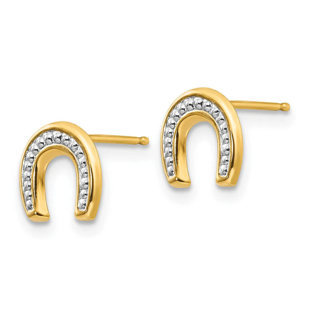 Kids 14k Yellow Gold & White Rhodium Two-Tone Horseshoe Post Earrings - Image 2