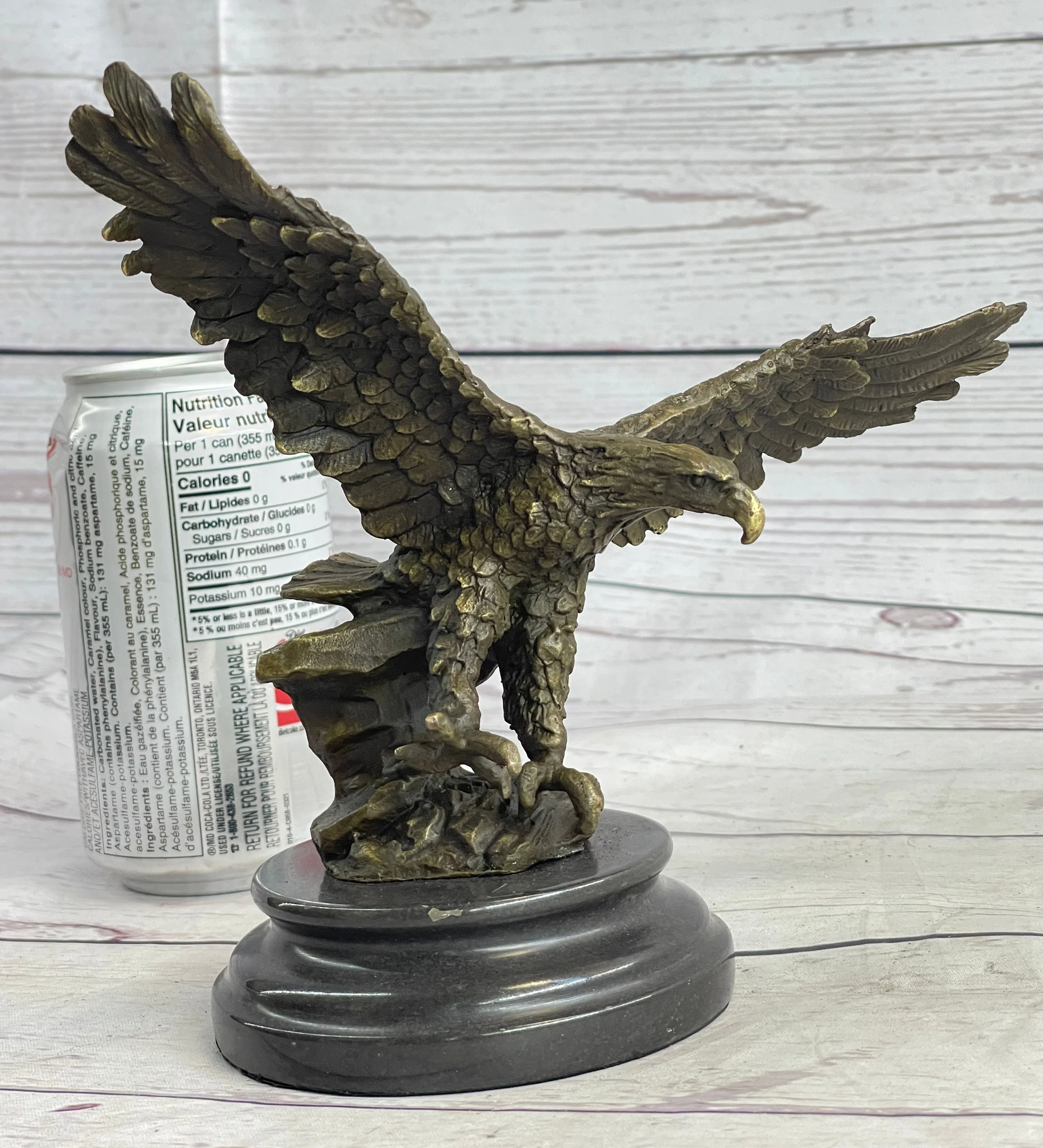 Landing Eagle w/ Wings Spread Bronze Statue Sculpture Signed Original Marble Base 7" x 9" - Image 2