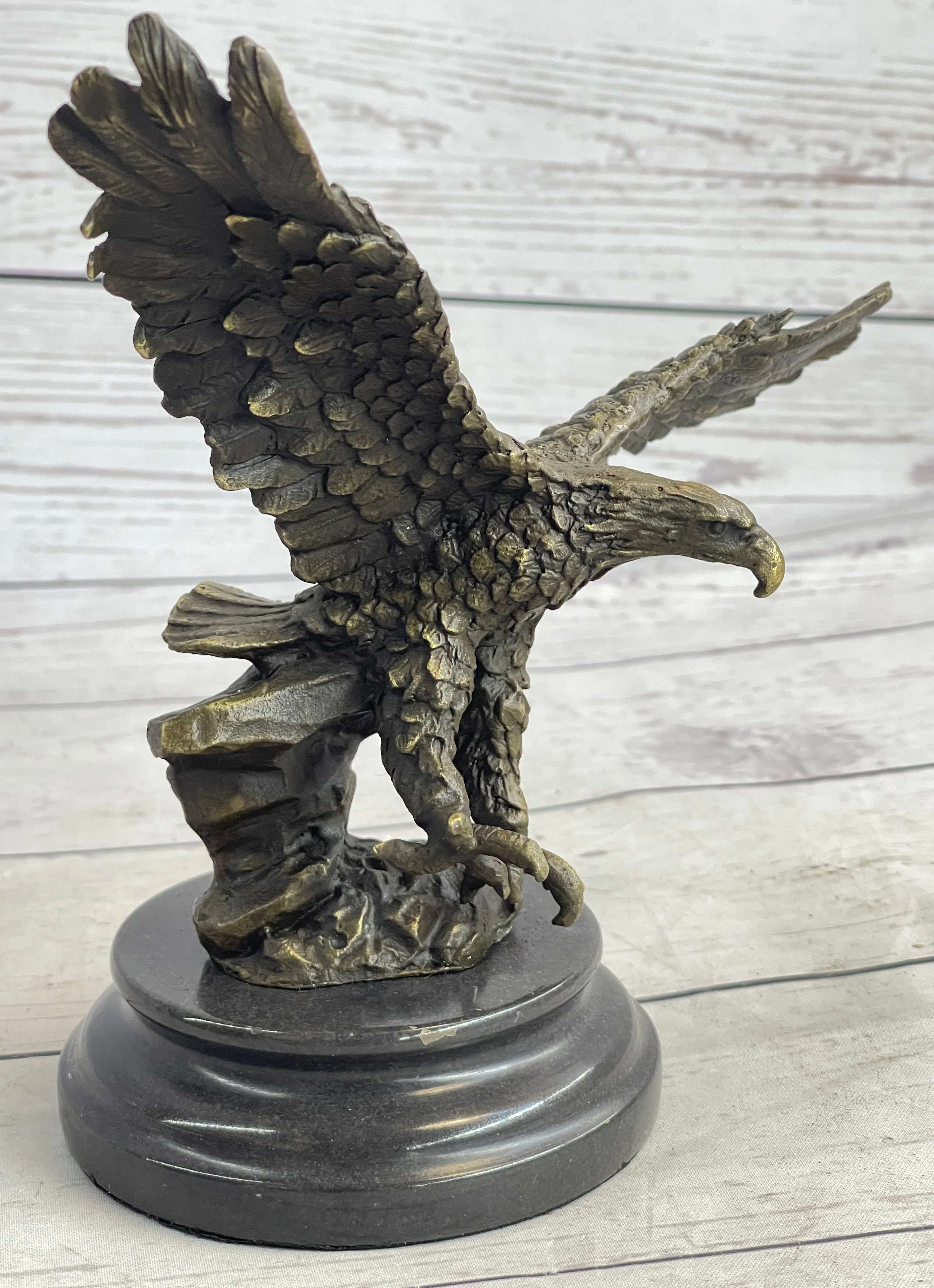 Landing Eagle w/ Wings Spread Bronze Statue Sculpture Signed Original Marble Base 7" x 9" - Image 3