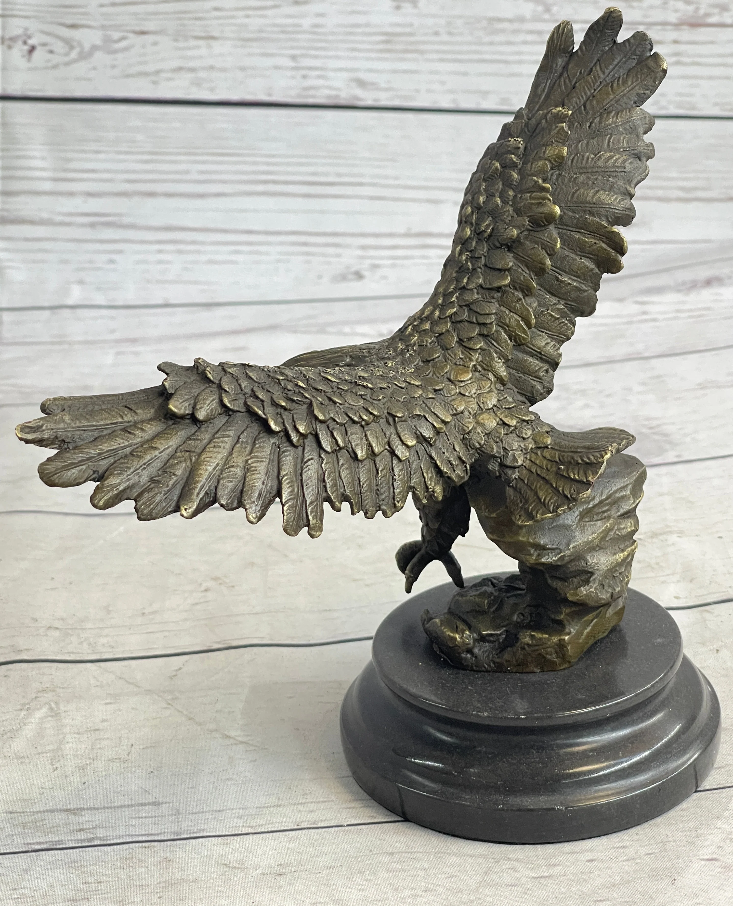 Landing Eagle w/ Wings Spread Bronze Statue Sculpture Signed Original Marble Base 7" x 9" - Image 4