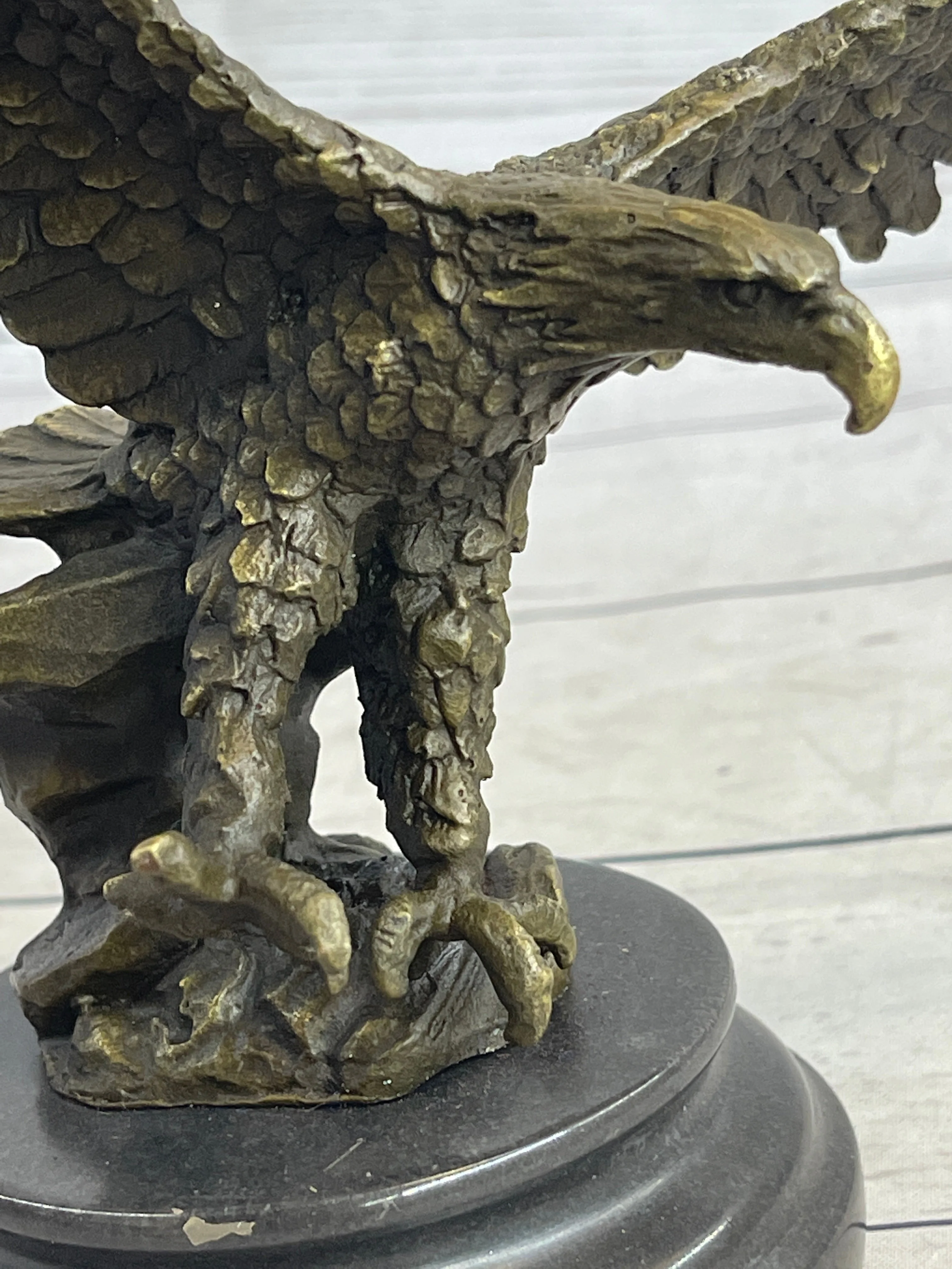 Landing Eagle w/ Wings Spread Bronze Statue Sculpture Signed Original Marble Base 7" x 9" - Image 5