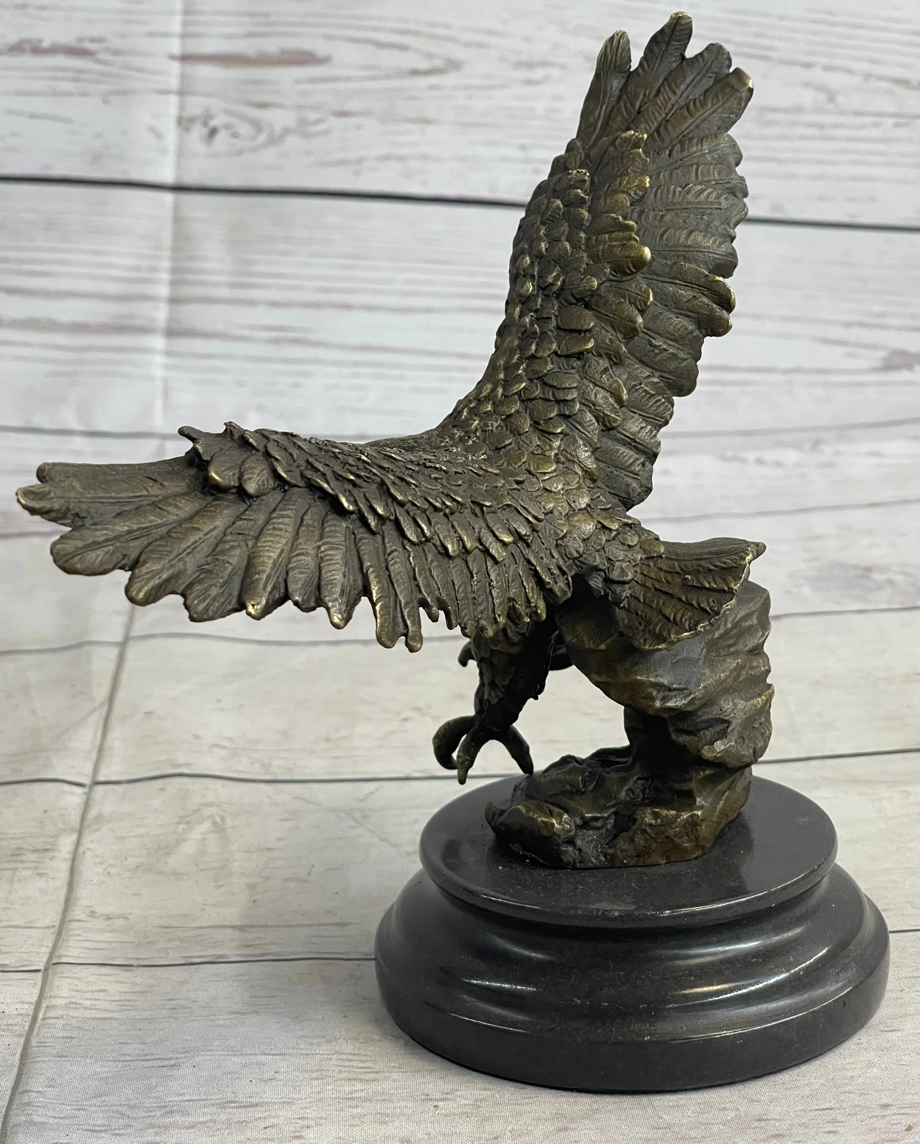 Landing Eagle w/ Wings Spread Bronze Statue Sculpture Signed Original Marble Base 7" x 9" - Image 7