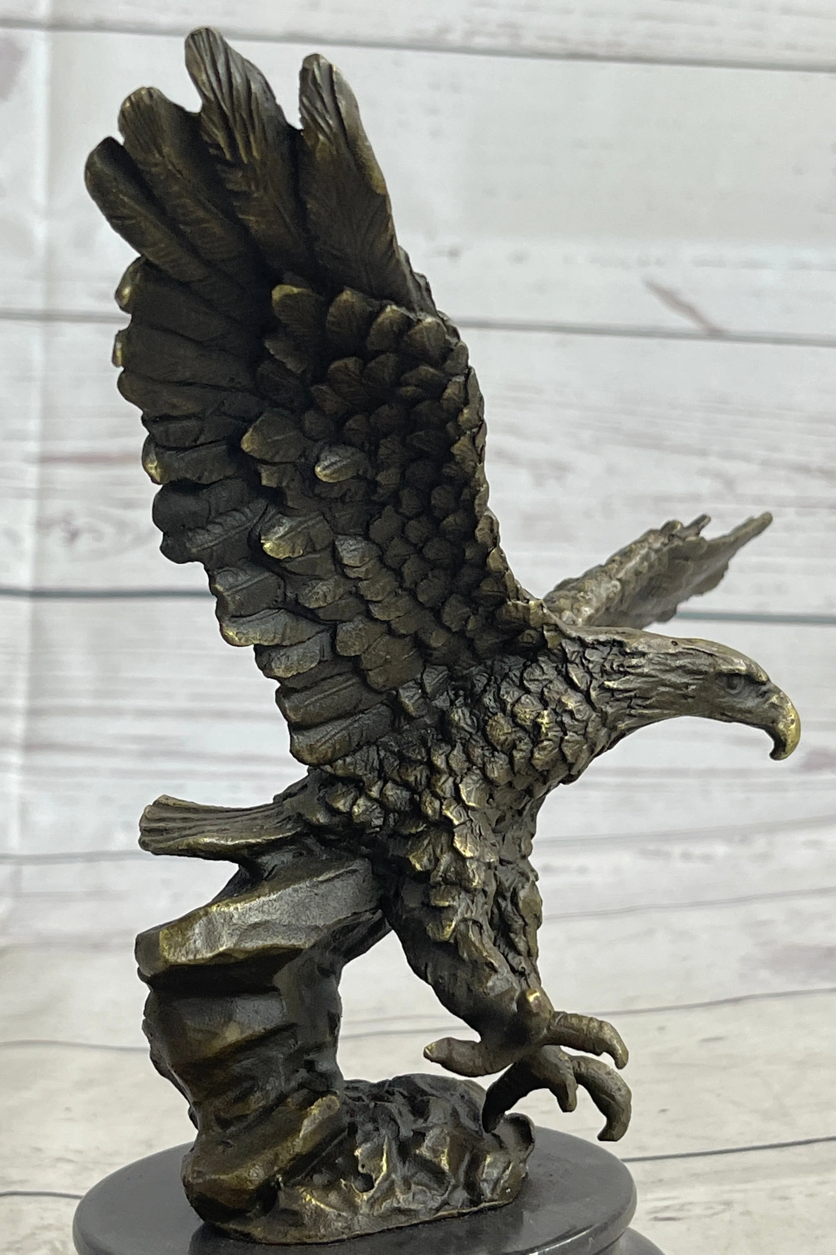 Landing Eagle w/ Wings Spread Bronze Statue Sculpture Signed Original Marble Base 7" x 9" - Image 8