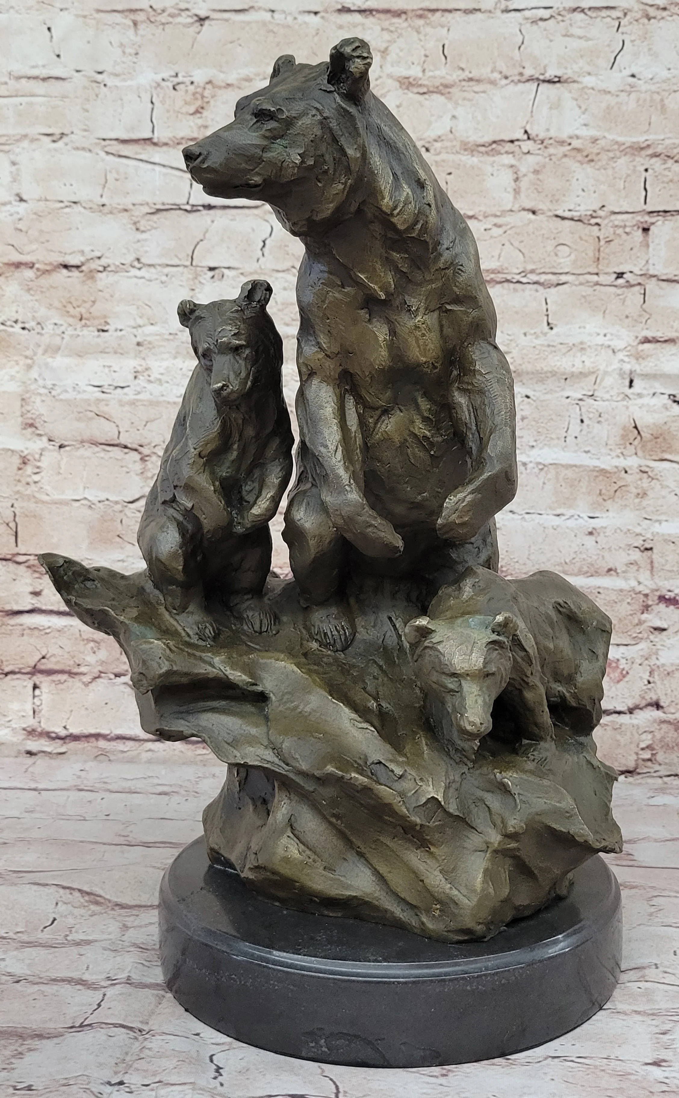 Large Mother Bear With her Cubs on a Rock Bronze Art Deco Marble Sculpture Barye - Image 4