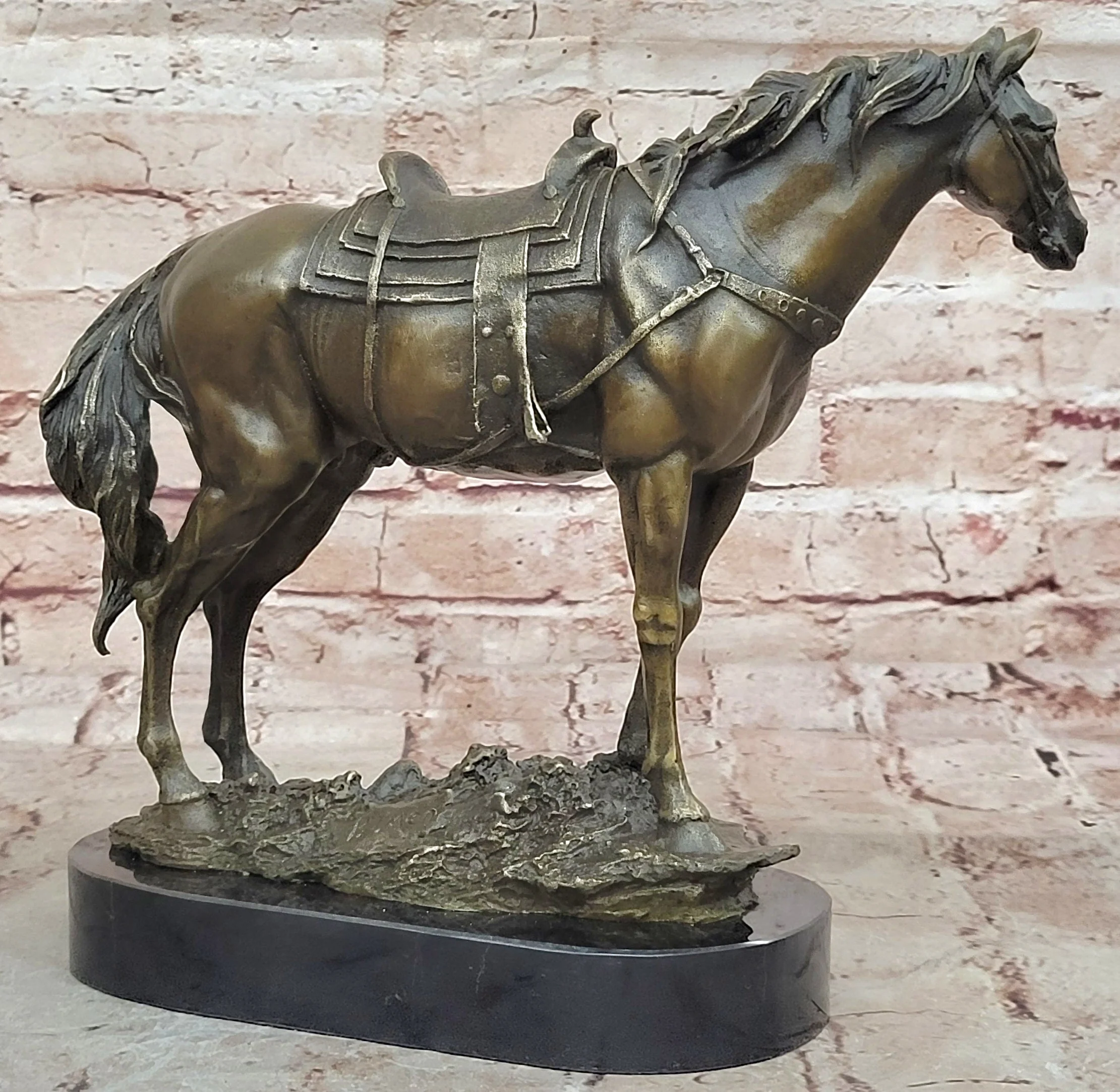Large Original Loving Horse with his Saddle Western Art Cowboy Bronze Sculpture - Image 4