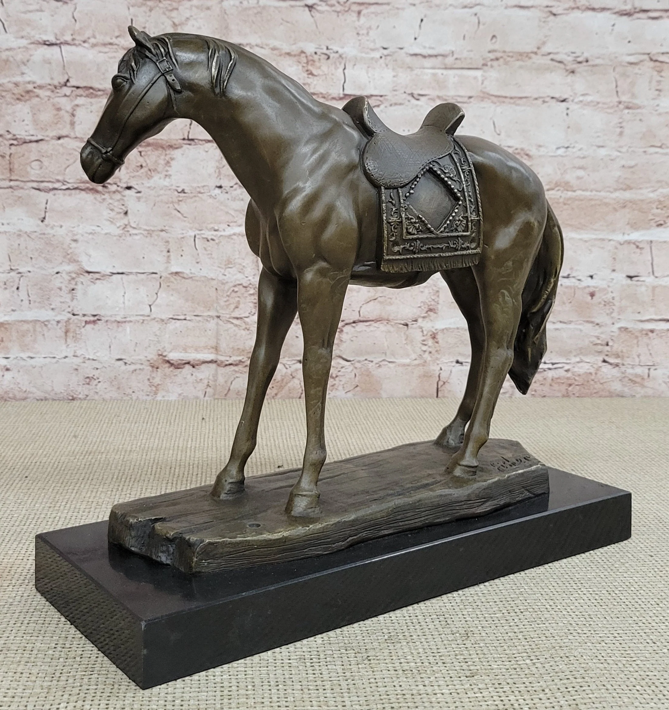 Large Original Loving Horse with his Saddle Western Cowboy Bronze Sculpture sale - Image 4