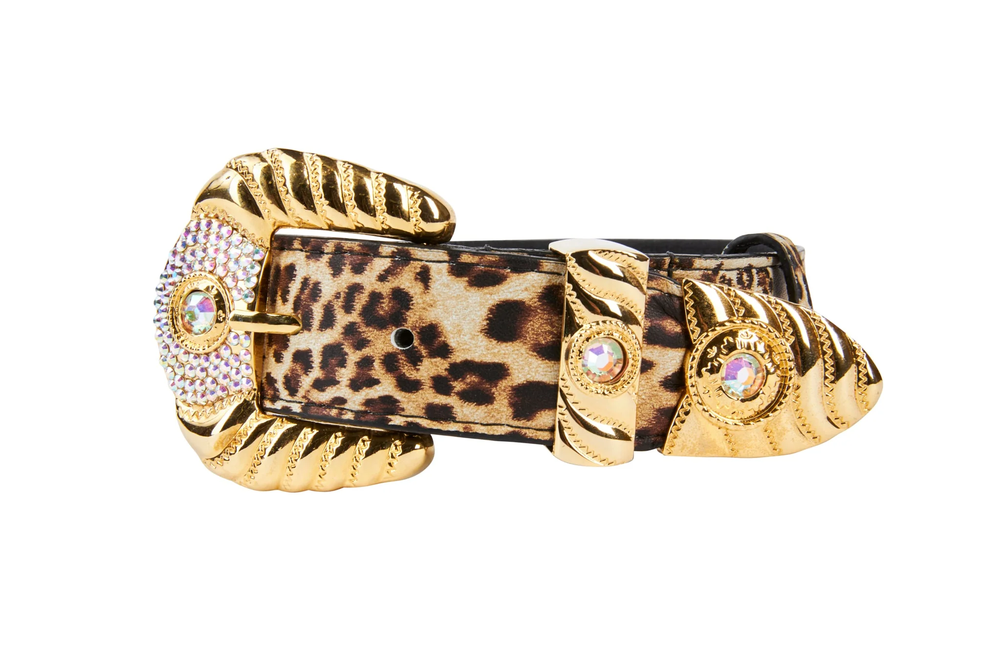 Leopard Print  Italian Leather Collar With Swarovski Crystal Hardware Set Of 2 - Image 4