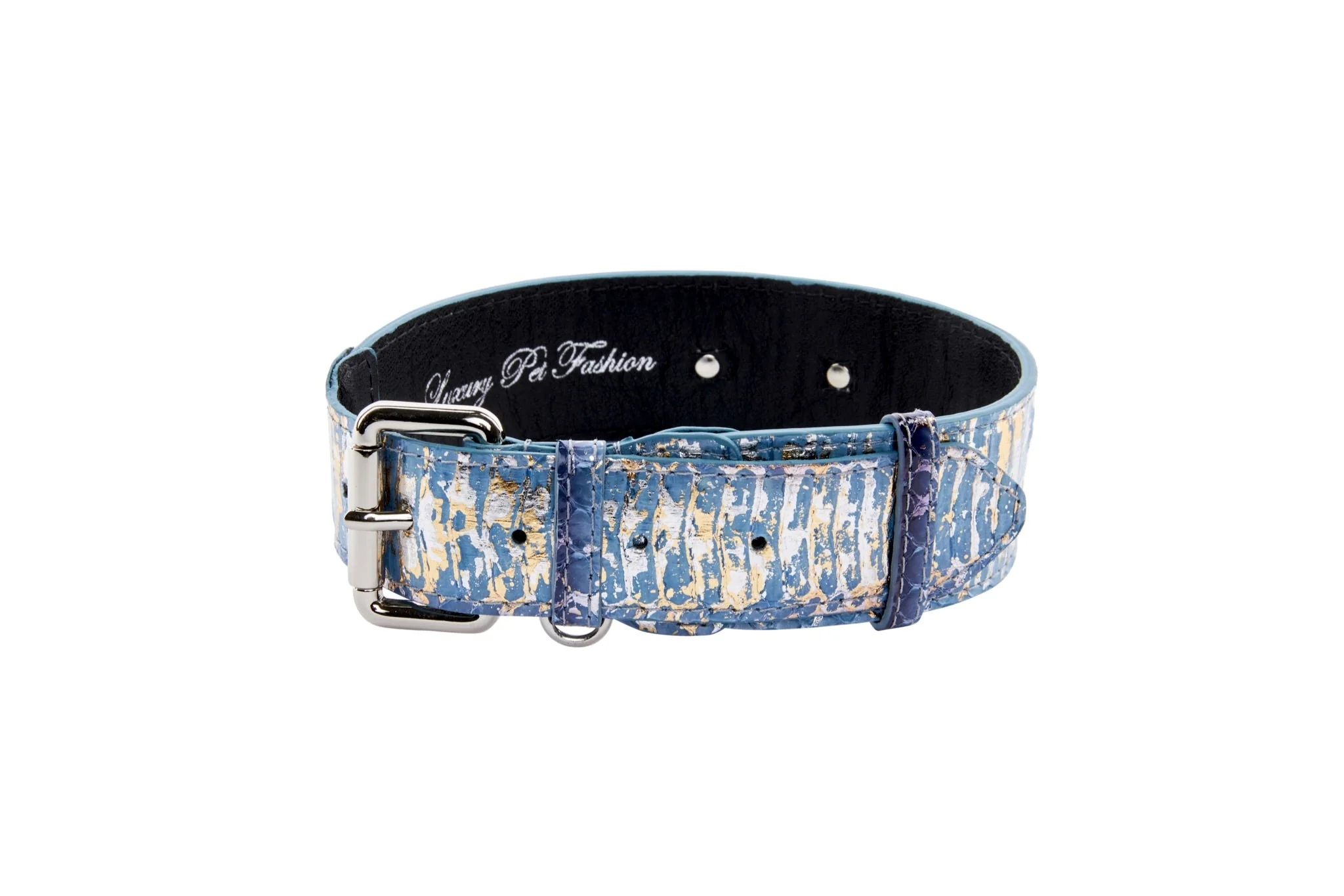 Light Blue/Dark Blue Silver Iridescent Snake Collar With Silver Classic Hardware - Image 3