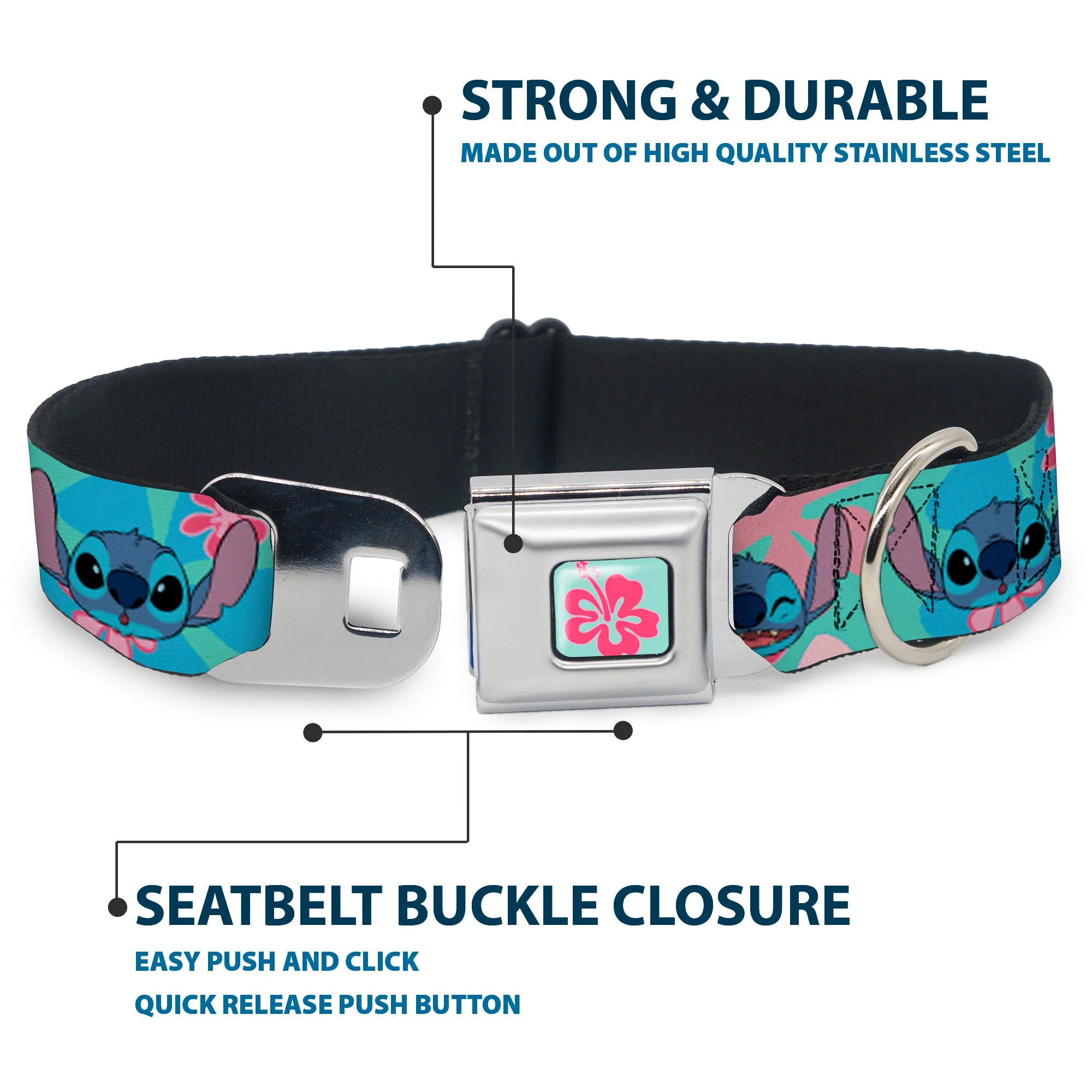 Lilo & Stitch Flower Full Color Blue/Pink Seatbelt Buckle Collar - Lilo & Stitch Stitch Expressions and Tropical Flowers Blues/Pinks - Image 4