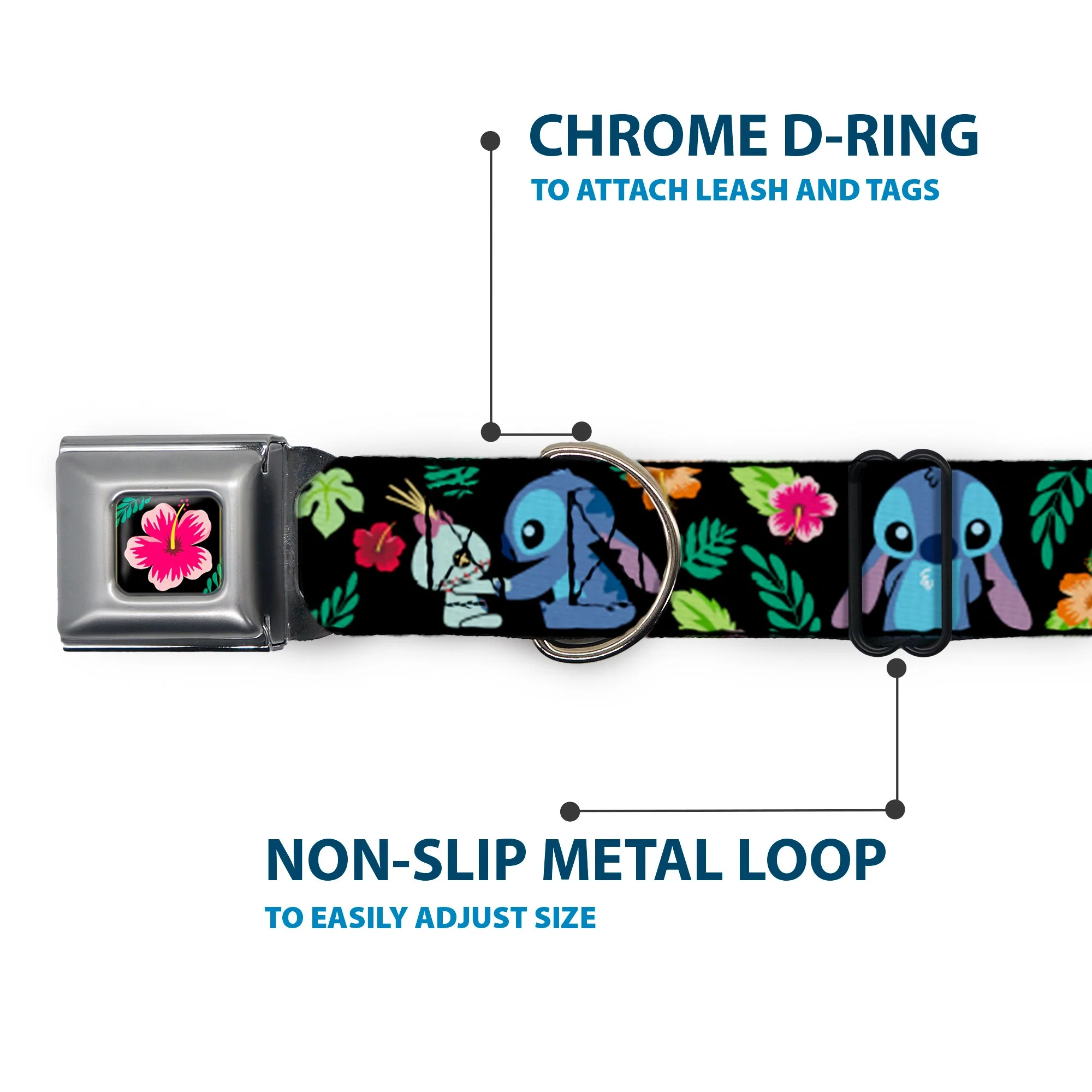 Lilo & Stitch Hibiscus Flower Full Color Black/Pink Seatbelt Buckle Collar - Stitch & Scrump Poses/Tropical Flora - Image 5