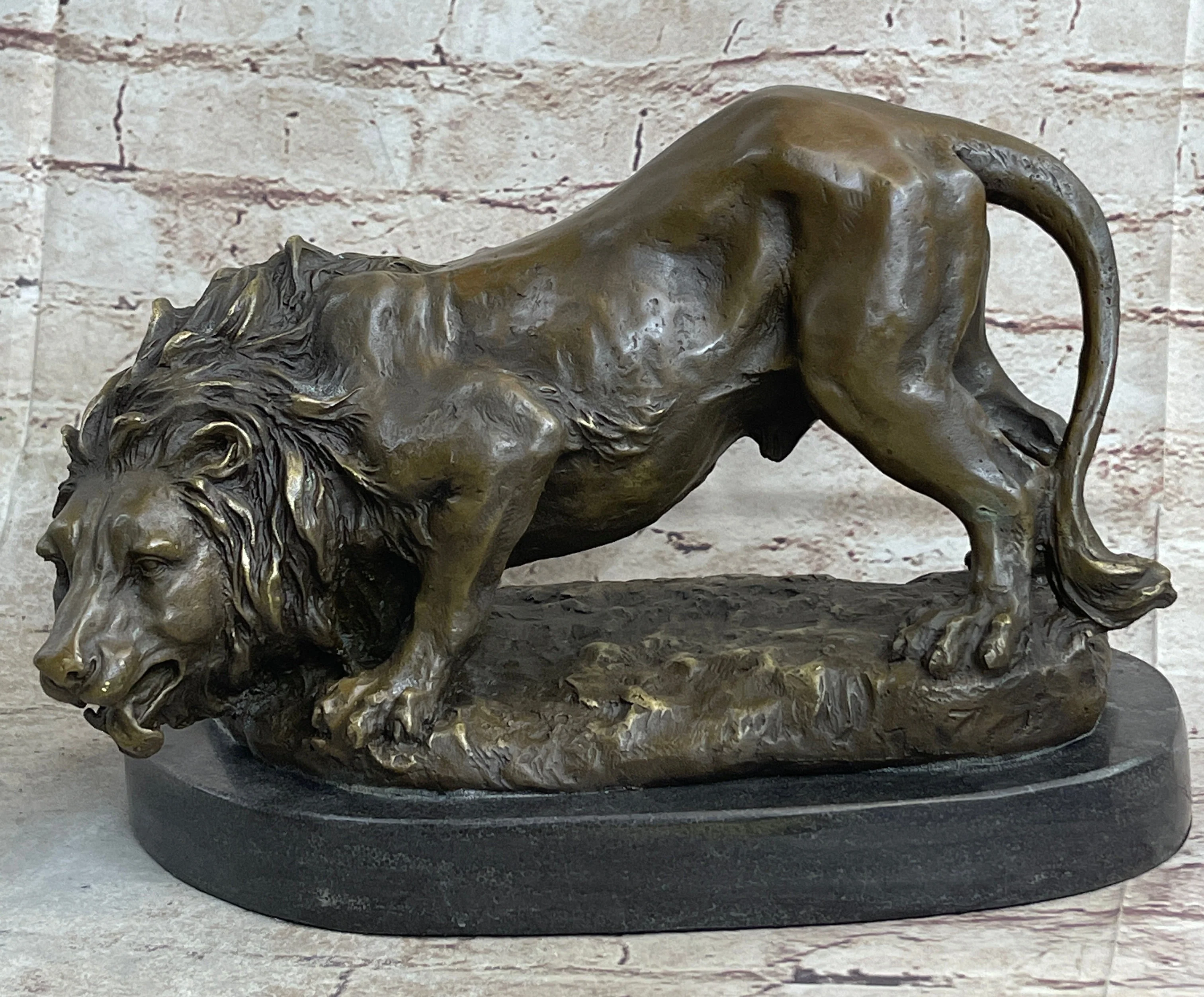 Lion Stalking Prey Hot Cast Bronze Sculpture Statue Art by Antoine Barye on Marble Base - Image 3