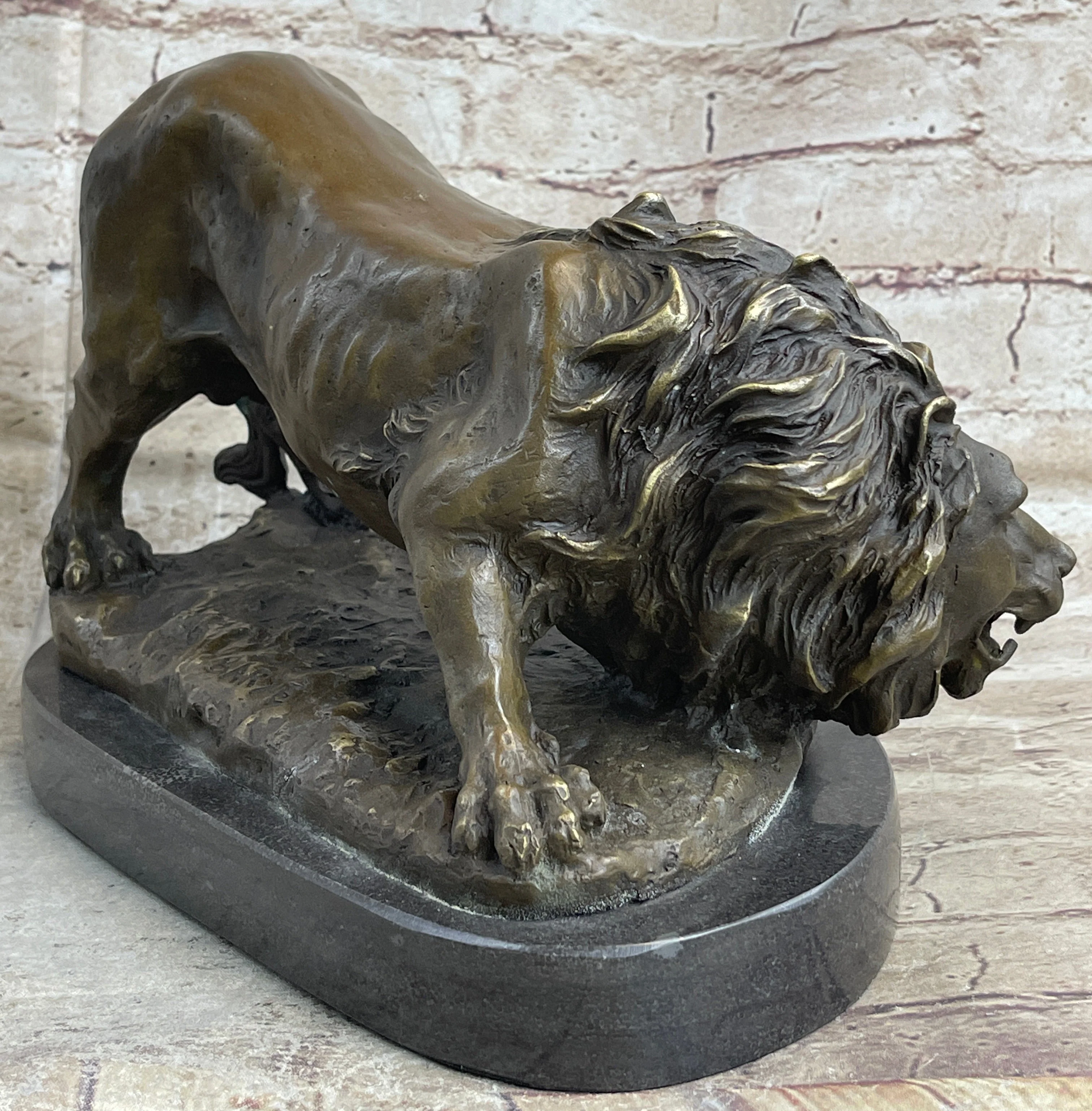 Lion Stalking Prey Hot Cast Bronze Sculpture Statue Art by Antoine Barye on Marble Base - Image 5
