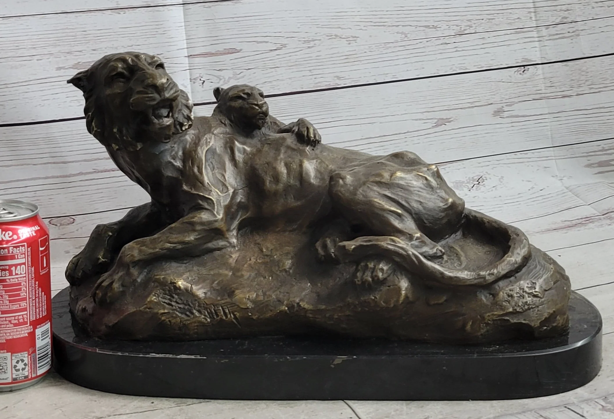 Lion Tiger & Cub Bronze Statue Sculpture Wildlife Figure Decor Handmade Art - Image 2