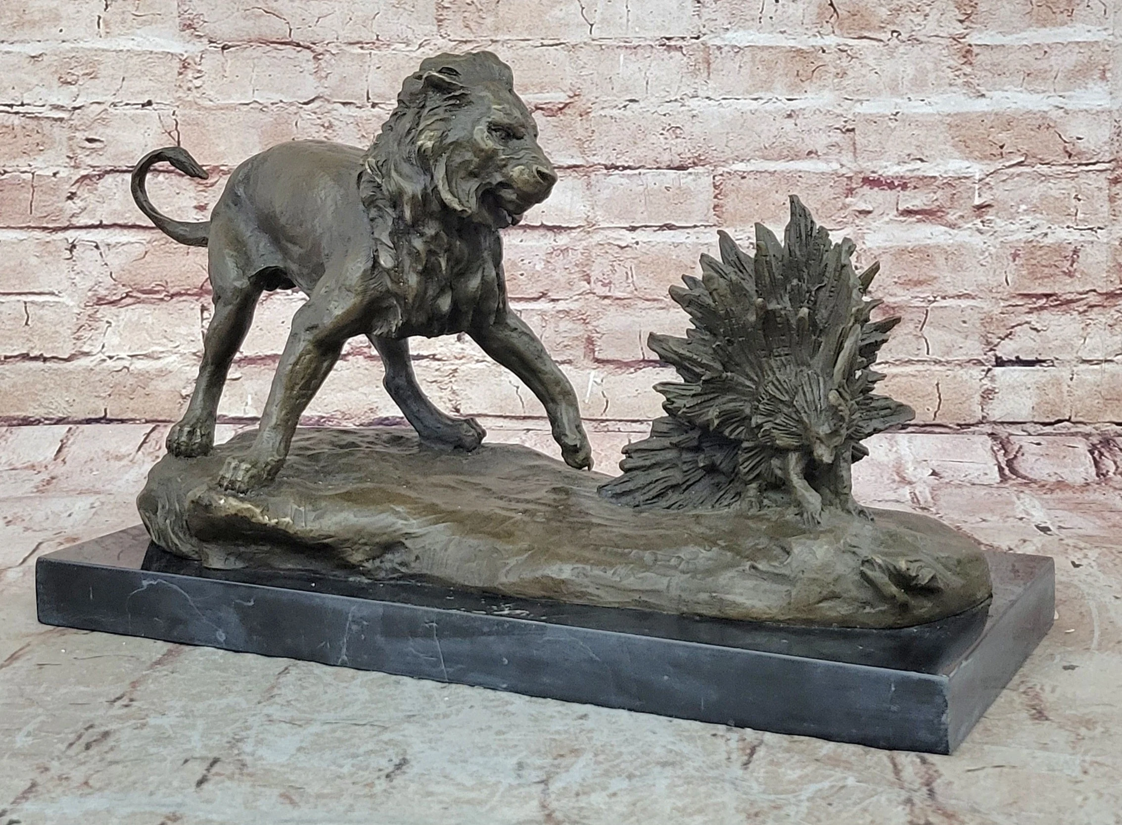Lion vs. Porcupine Bronze Statue Sculpture Wildlife Art Decor on Marble Base - Image 3