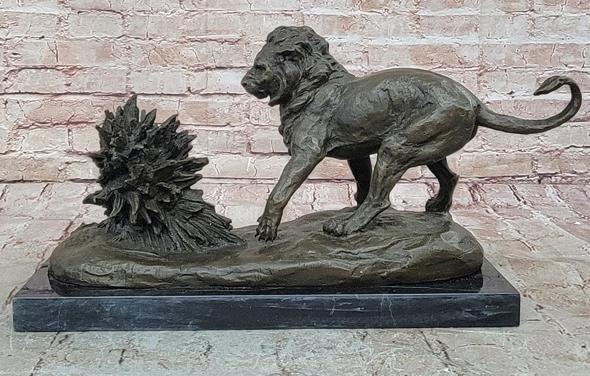 Lion vs. Porcupine Bronze Statue Sculpture Wildlife Art Decor on Marble Base - Image 4
