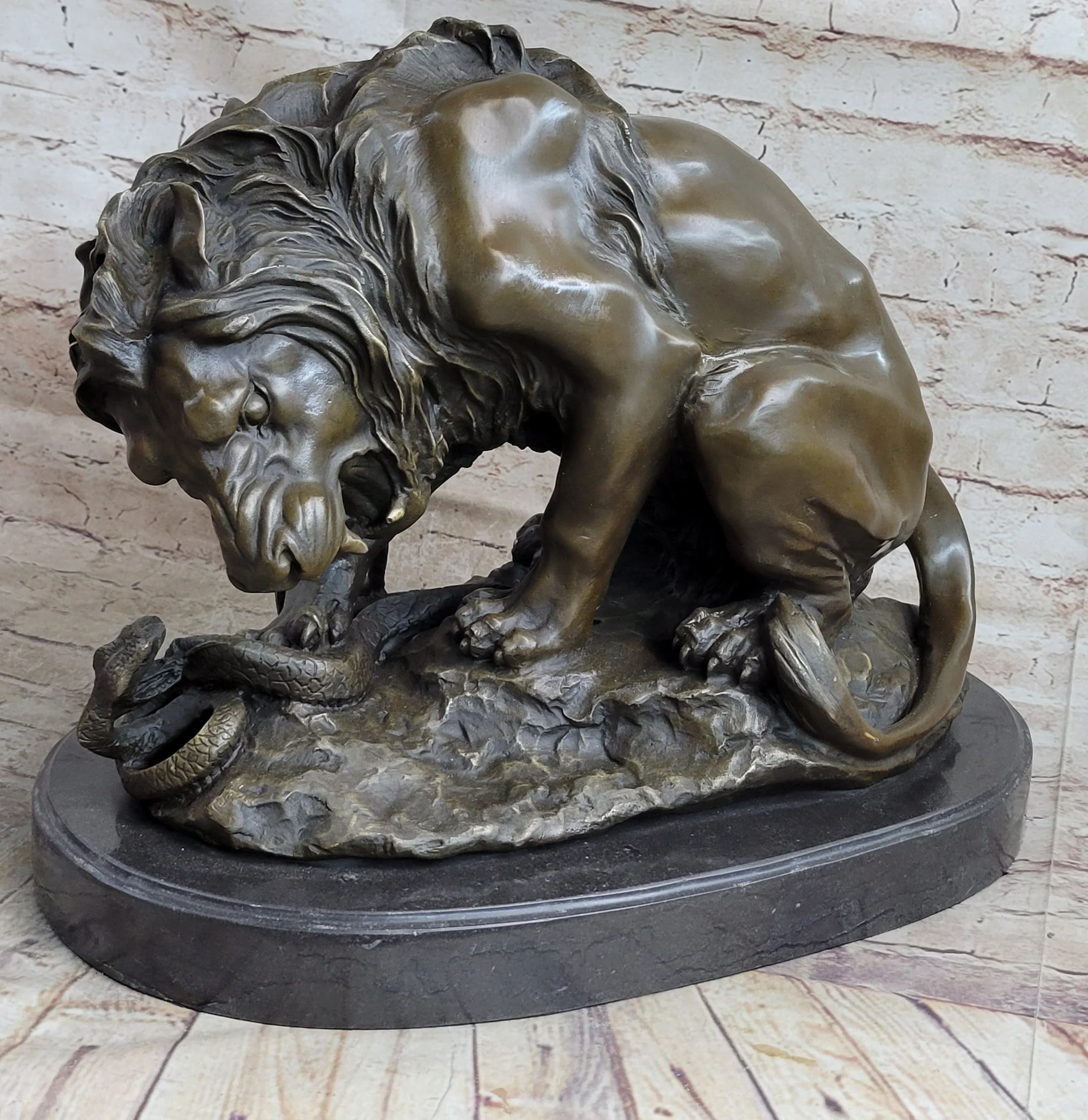 Lion vs. Snake Bronze Statue Sculpture Figure by Antoine Barye on Marble Base - Image 2
