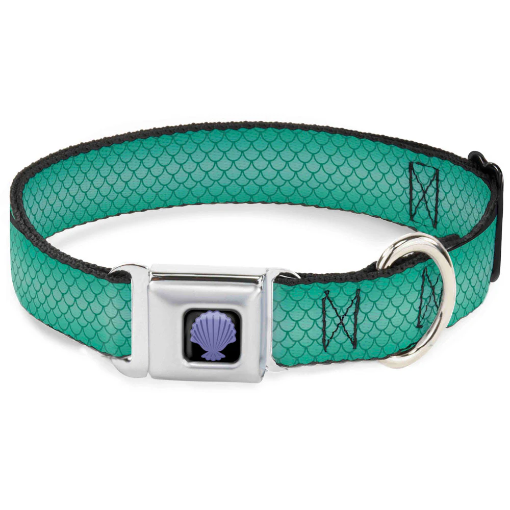 Little Mermaid Clam Shell Full Color Black/Purples Seatbelt Buckle Collar - Ariels Scales Turquoise Blues